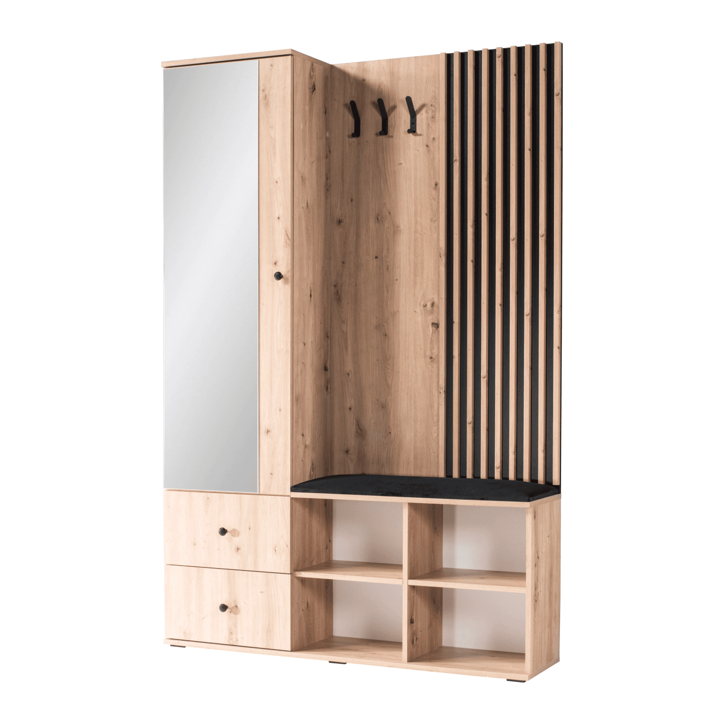 Garderoba z siedziskiem Norvian 129 cm Dąb Artisan + Czarny