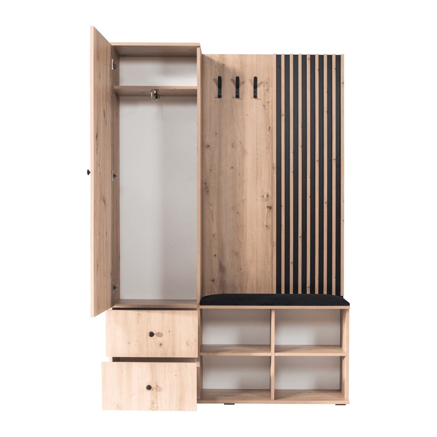 Garderoba z siedziskiem Norvian 129 cm Dąb Artisan + Czarny