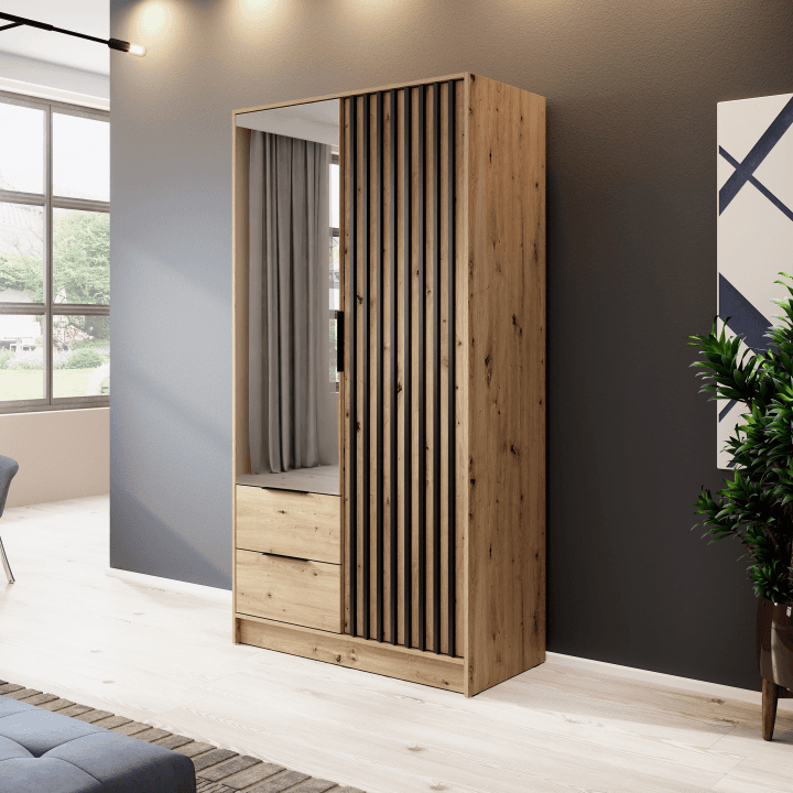 Szafa Bella z lustrem, dąb artisan, lamele 105 x 200 cm - zdjęcie 2