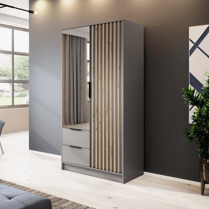 Szafa Bella, szara z lustrem, 105 x 200 cm, lamele - zdjęcie 2