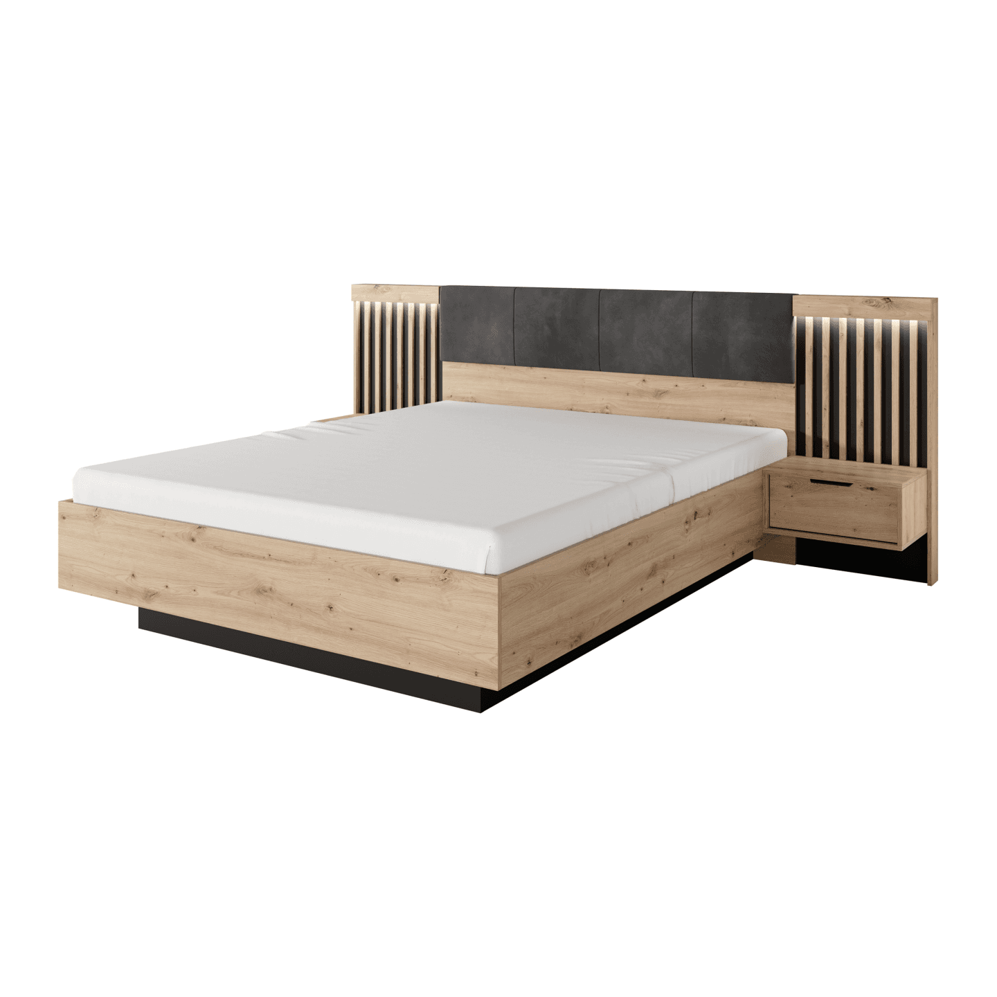 Zestaw do sypialni Kler Dąb Artisan + Antracyt - Szafa, Komoda, Łóżko, Stoliki nocne