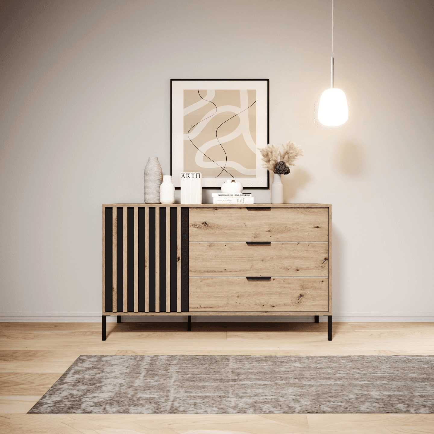 Zestaw do sypialni Kler Dąb Artisan + Antracyt - Szafa, Komoda, Łóżko, Stoliki nocne
