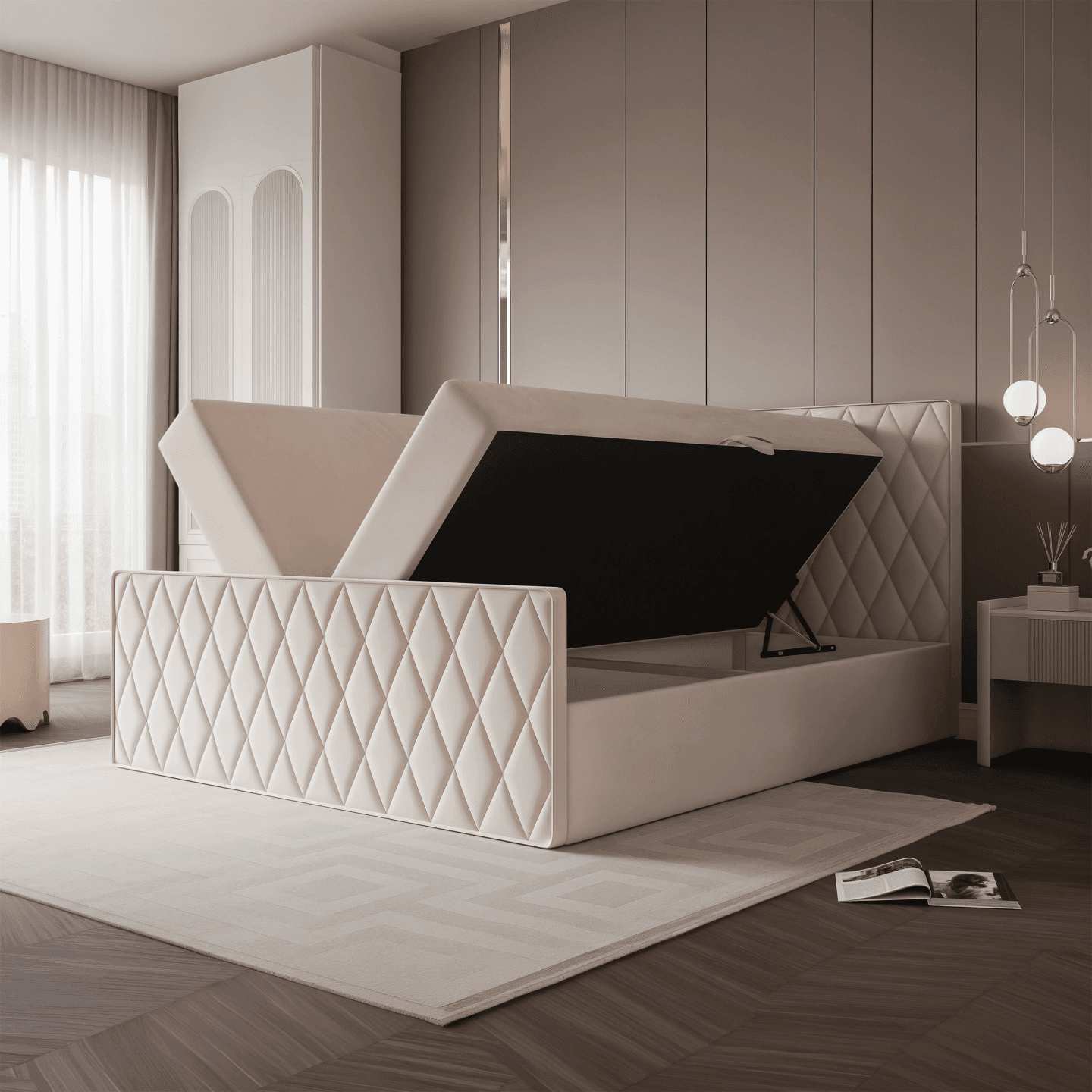 Eleganckie łóżko kontynentalne Orin Grand Premium z pojemnikiem na pościel