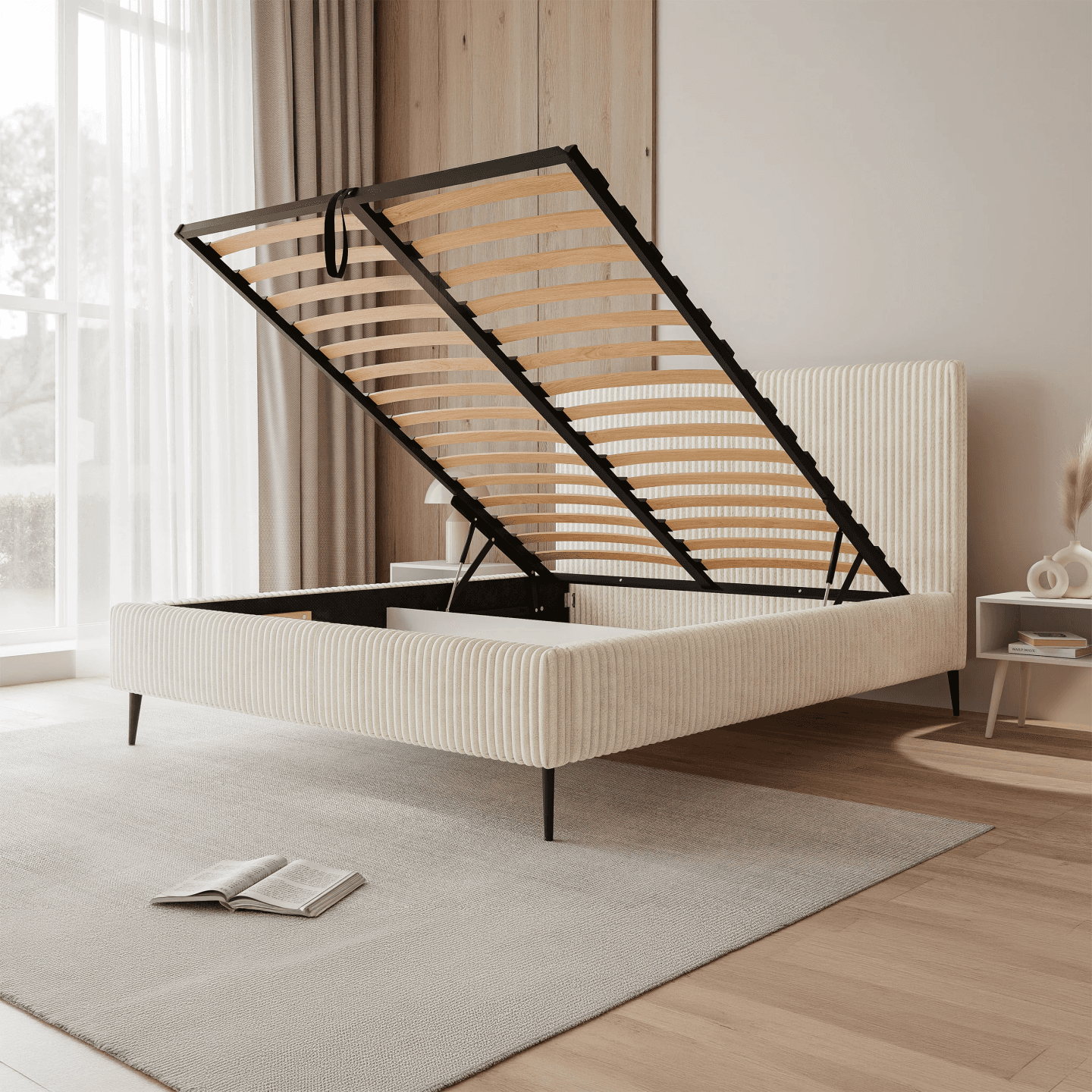 Eleganckie łóżko tapicerowane Sora Lite z metalowymi nogami