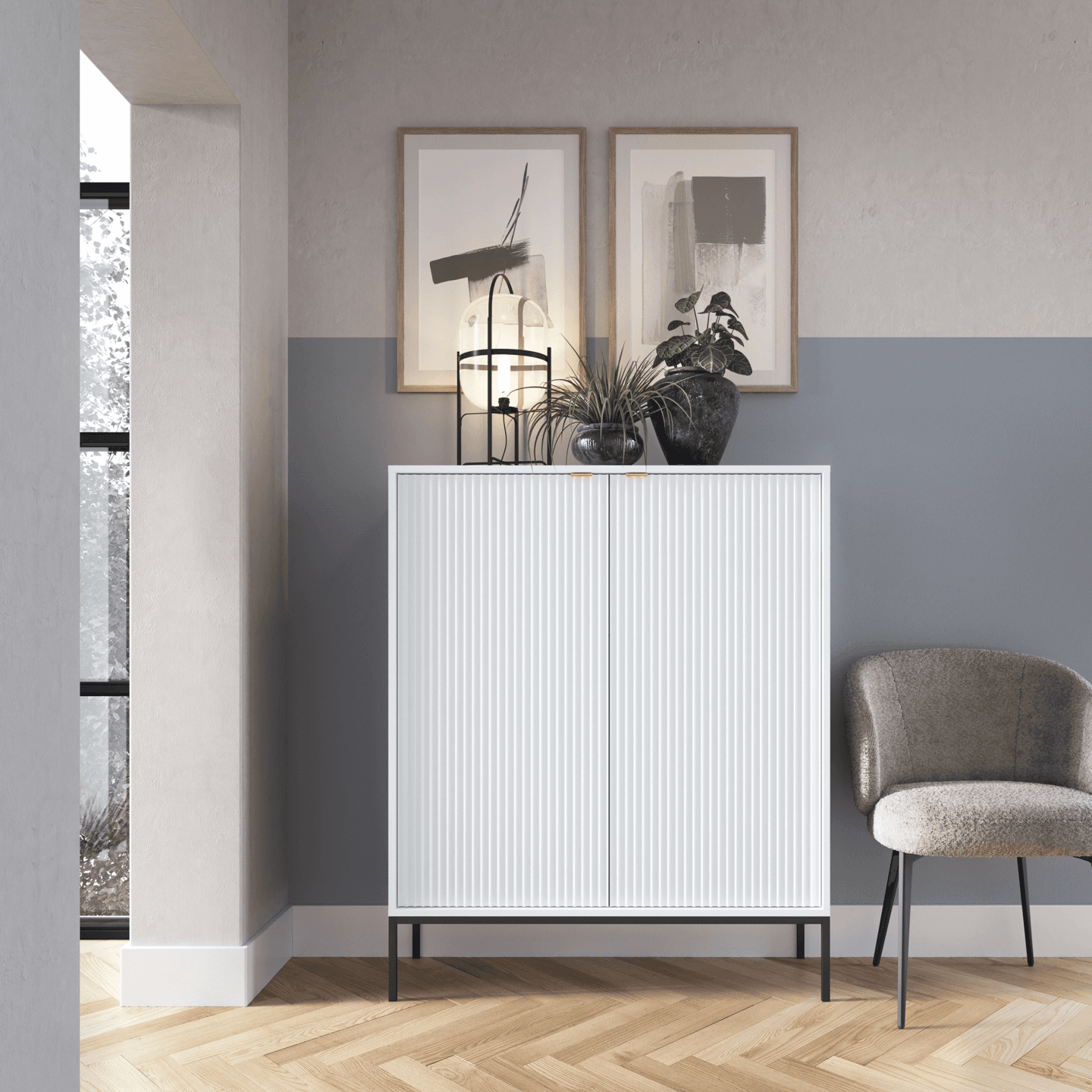 Komoda wysoka 104 cm Crow biała + czarne nóżki