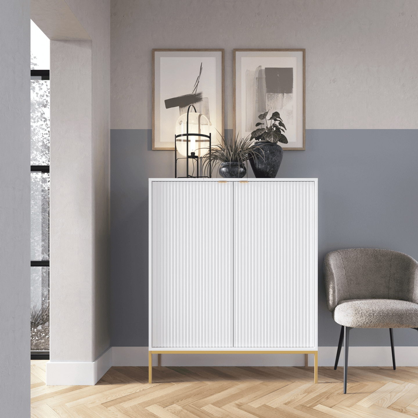 Komoda wysoka 104 cm Crow biała + złote nóżki