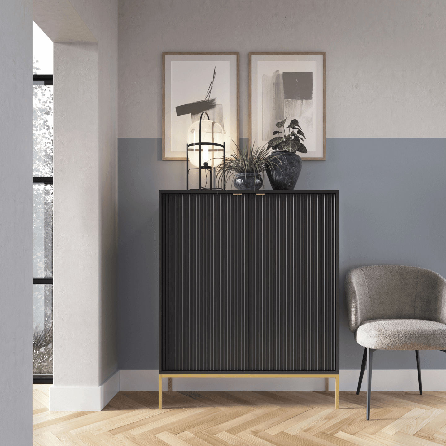 Komoda wysoka 104 cm Crow czarna + złote nóżki