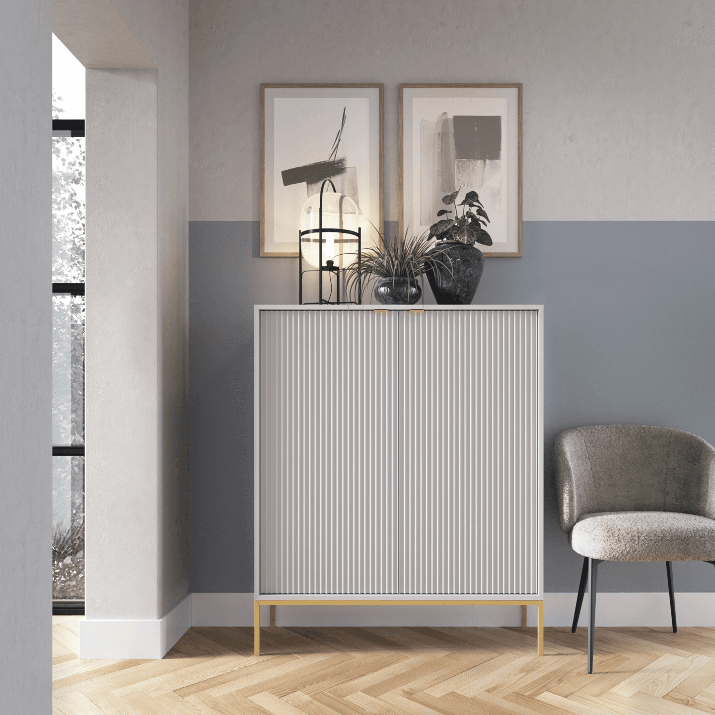 Komoda wysoka 104 cm Crow szary + złote nóżki