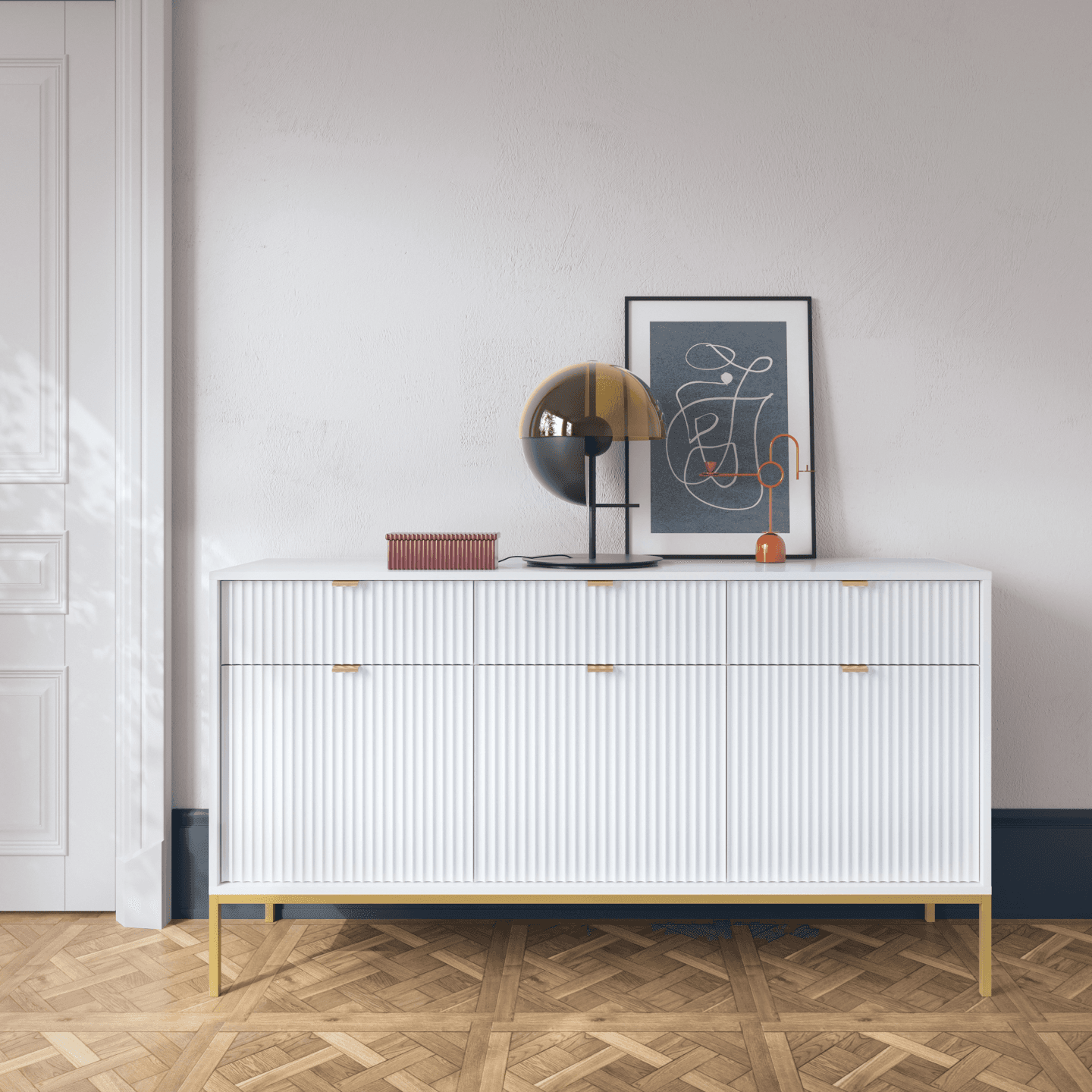 Komoda 154 cm Crow biała + złote nóżki