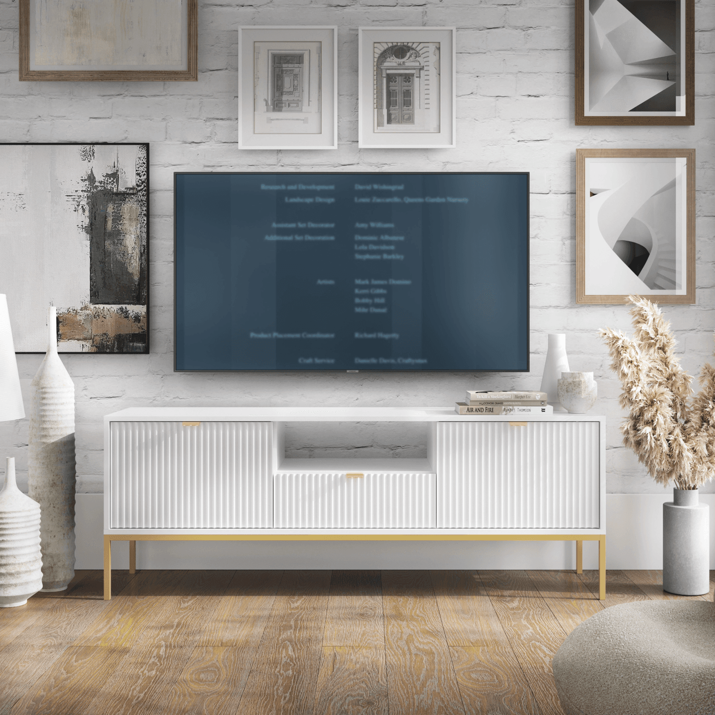 Szafka RTV Crow 154 cm biała + złote nóżki