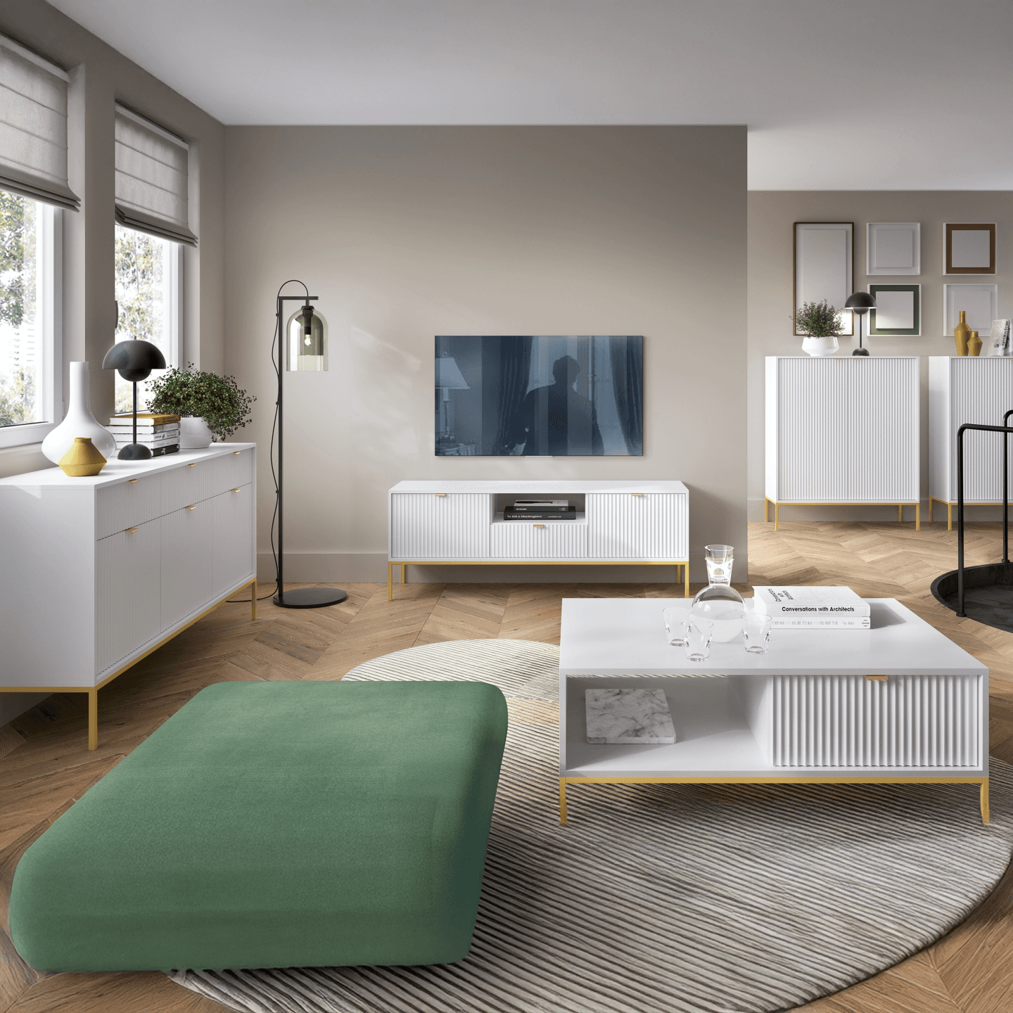 Szafka RTV Crow 154 cm biała + złote nóżki