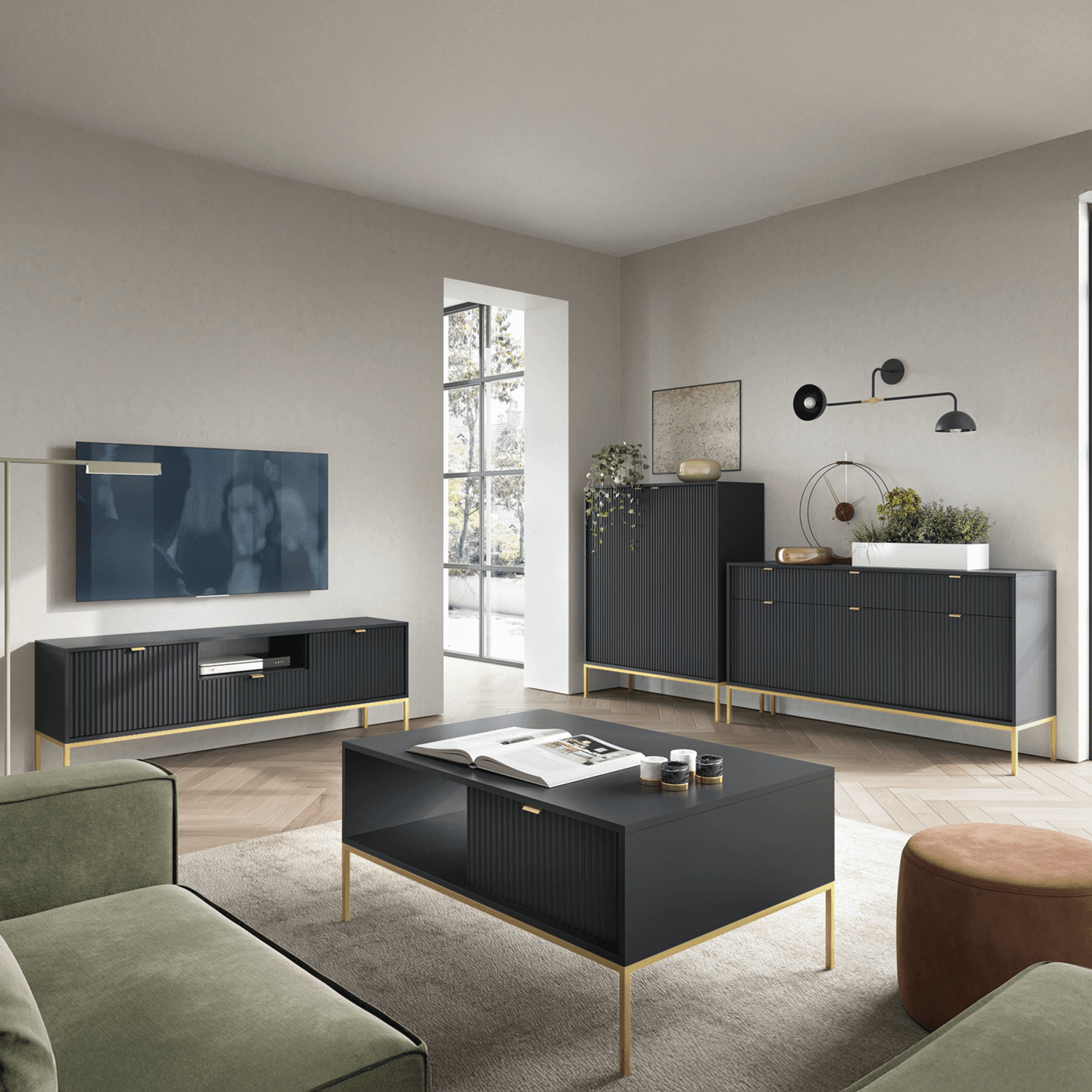 Szafka RTV Crow 154 cm czarna + złote nóżki