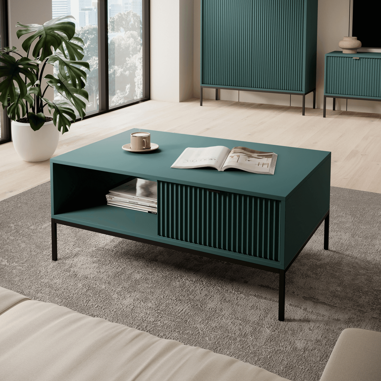 Stolik kawowy Crow 104 cm labrador + czarne nóżki