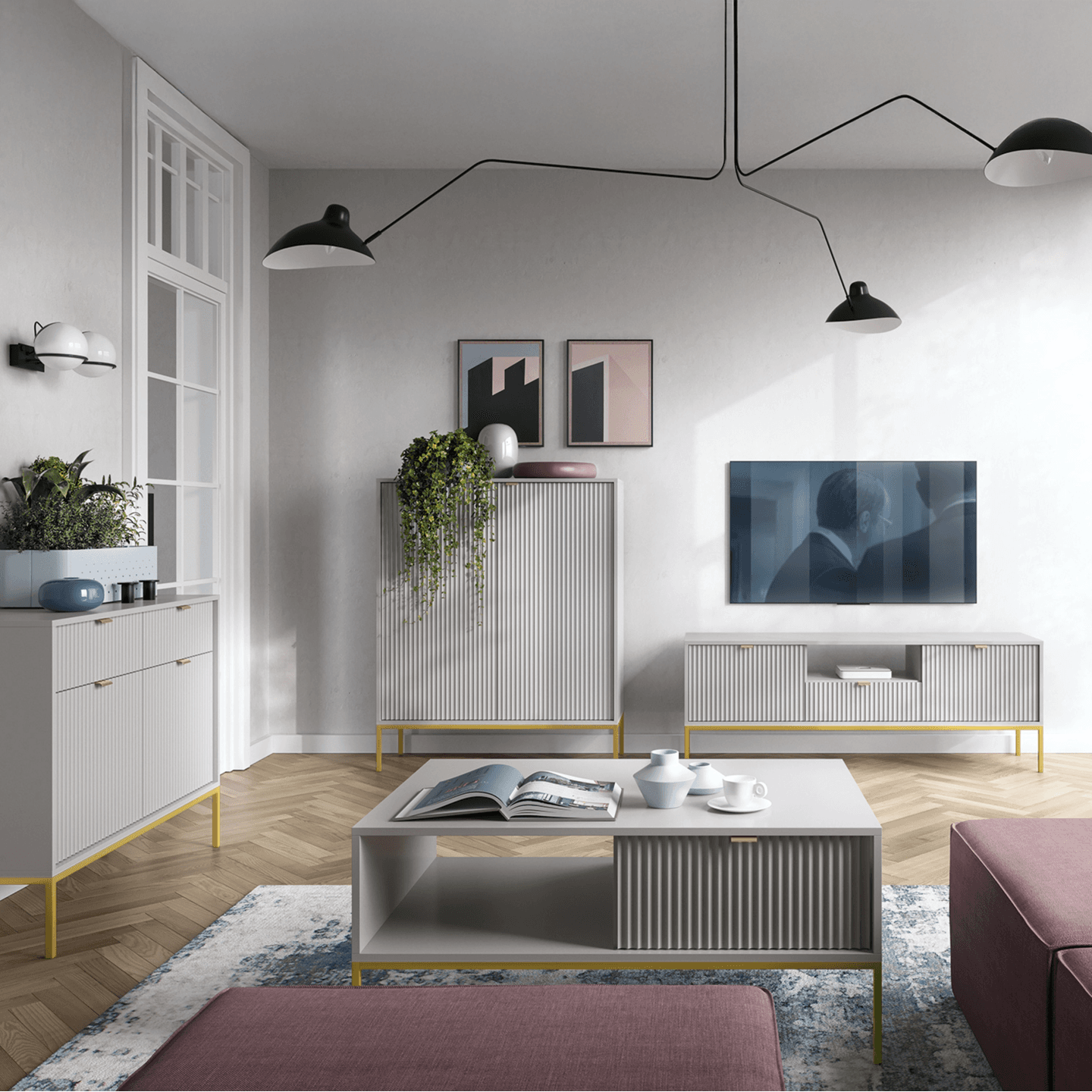 Komoda Crow 104 cm szara + złote nóżki