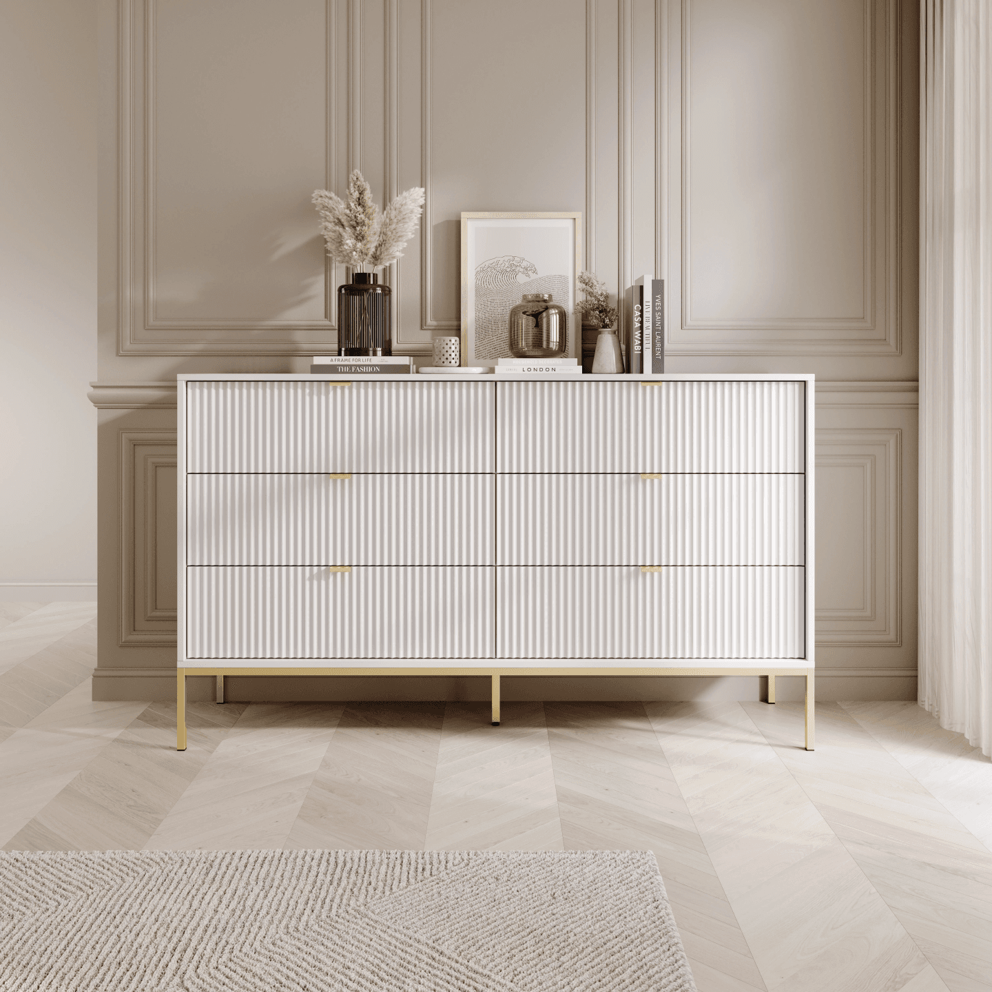 Komoda Crow z sześcioma szufladami biała + złote nóżki