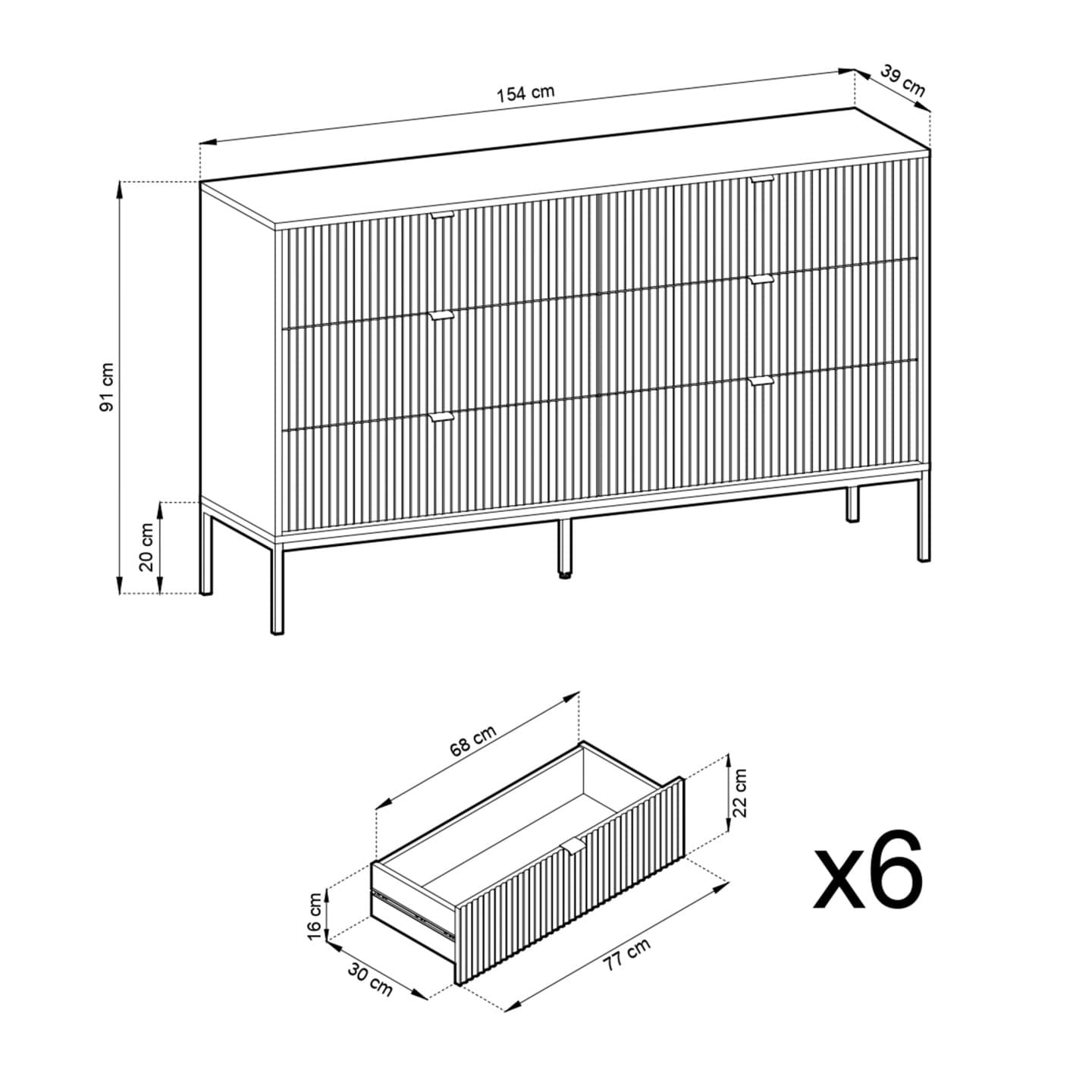 Komoda Crow z sześcioma szufladami biała + złote nóżki