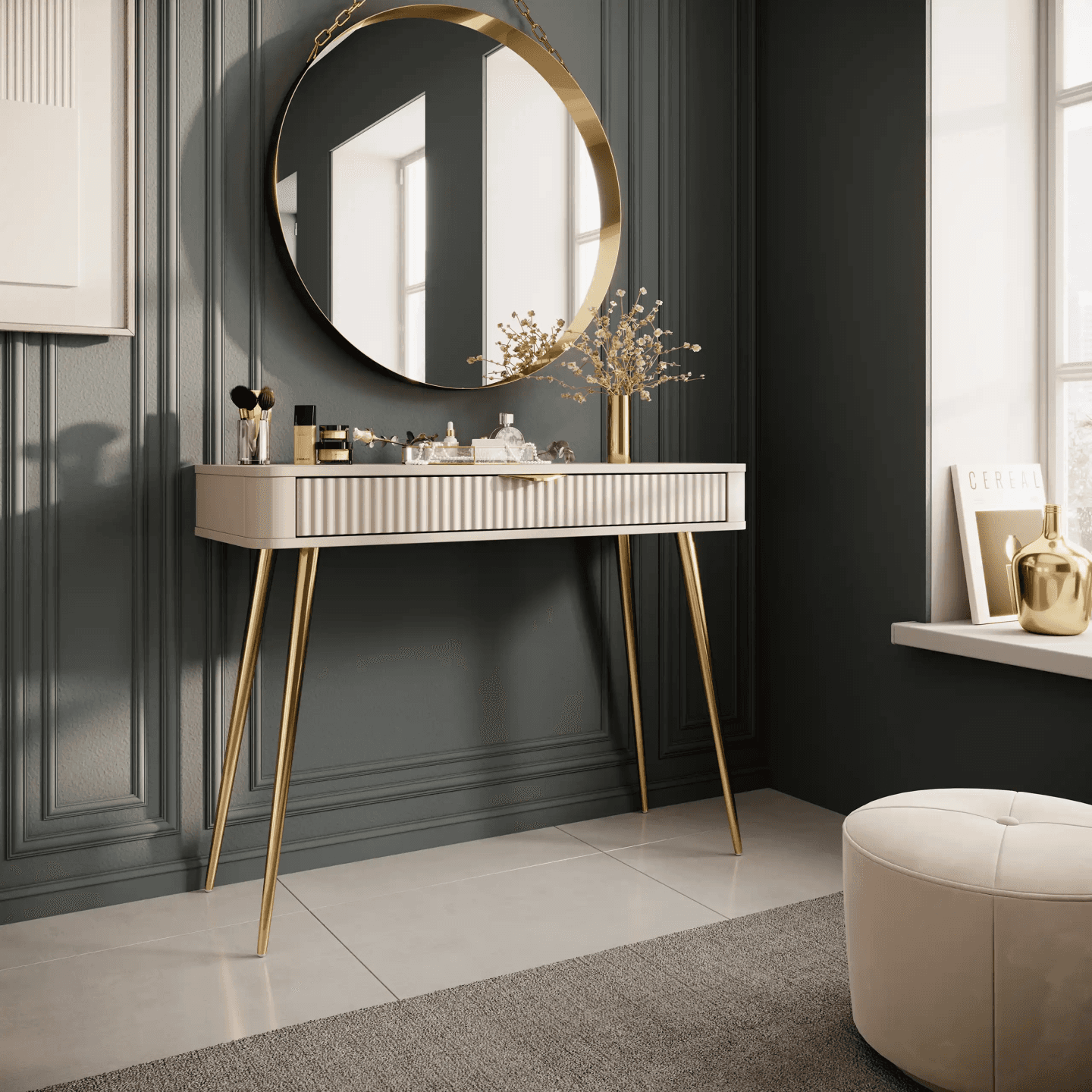 Toaletka Beżowa Verona ze złotymi nogami, Stylowa Ryflowana