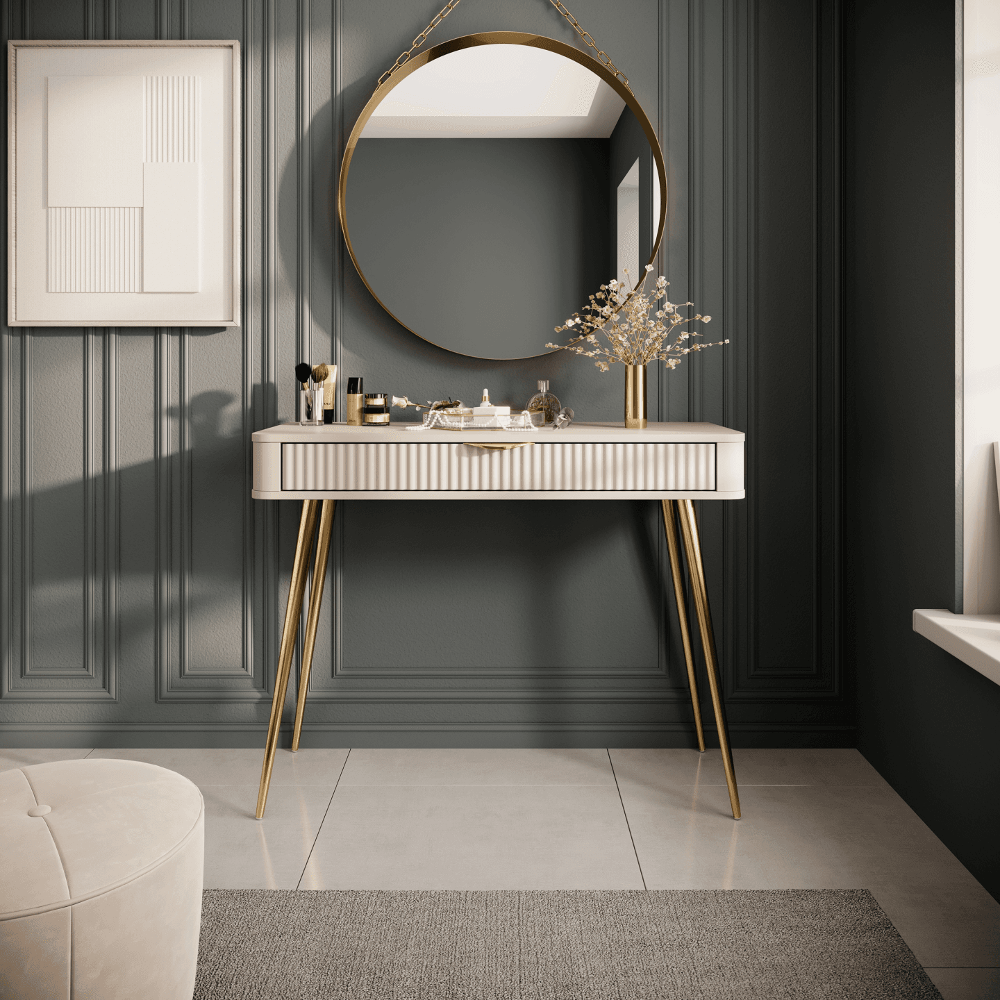 Toaletka Beżowa Verona ze złotymi nogami, Stylowa Ryflowana