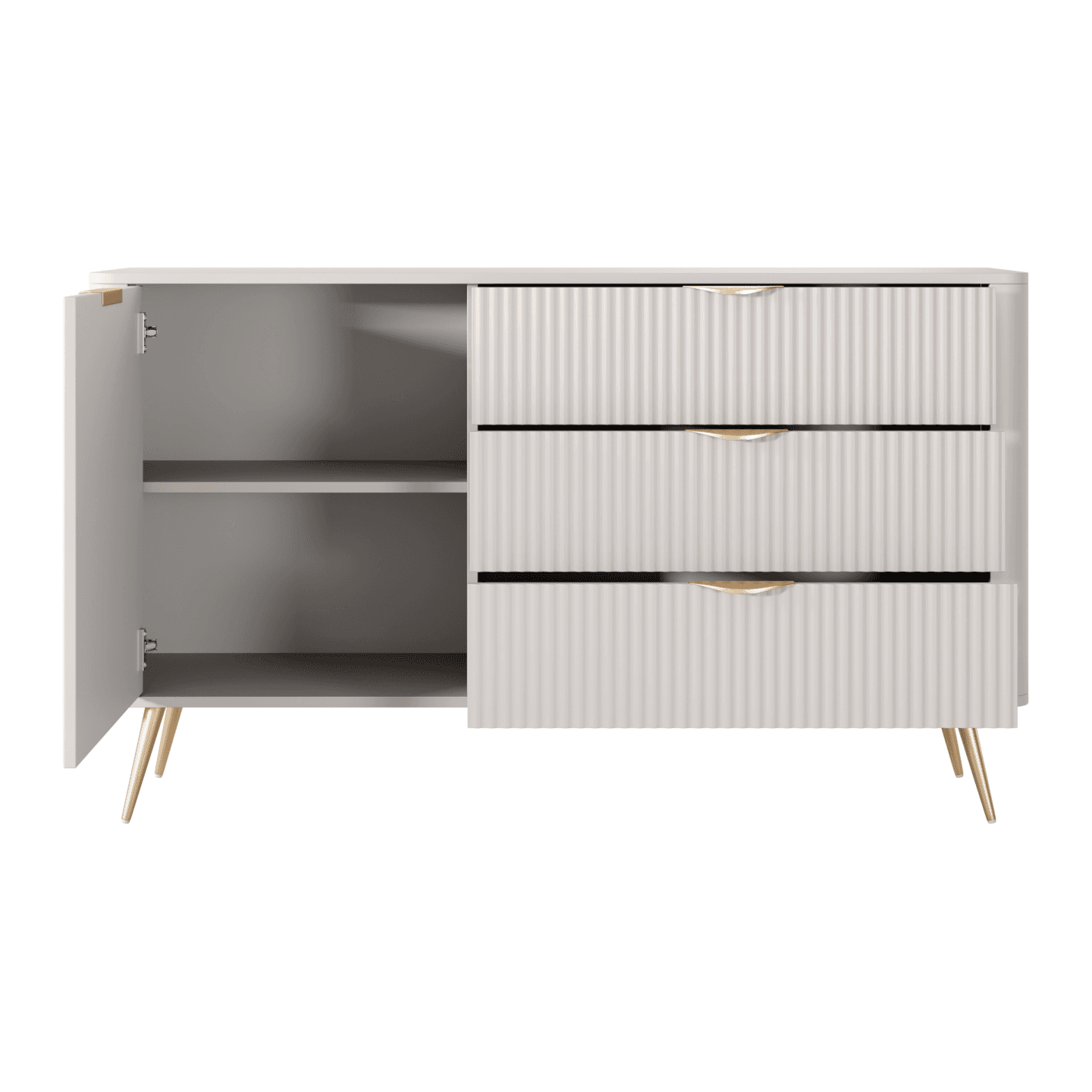 Stylowa Komoda Ryflowana Verona do salonu z szufladami, beż + złote nóżki