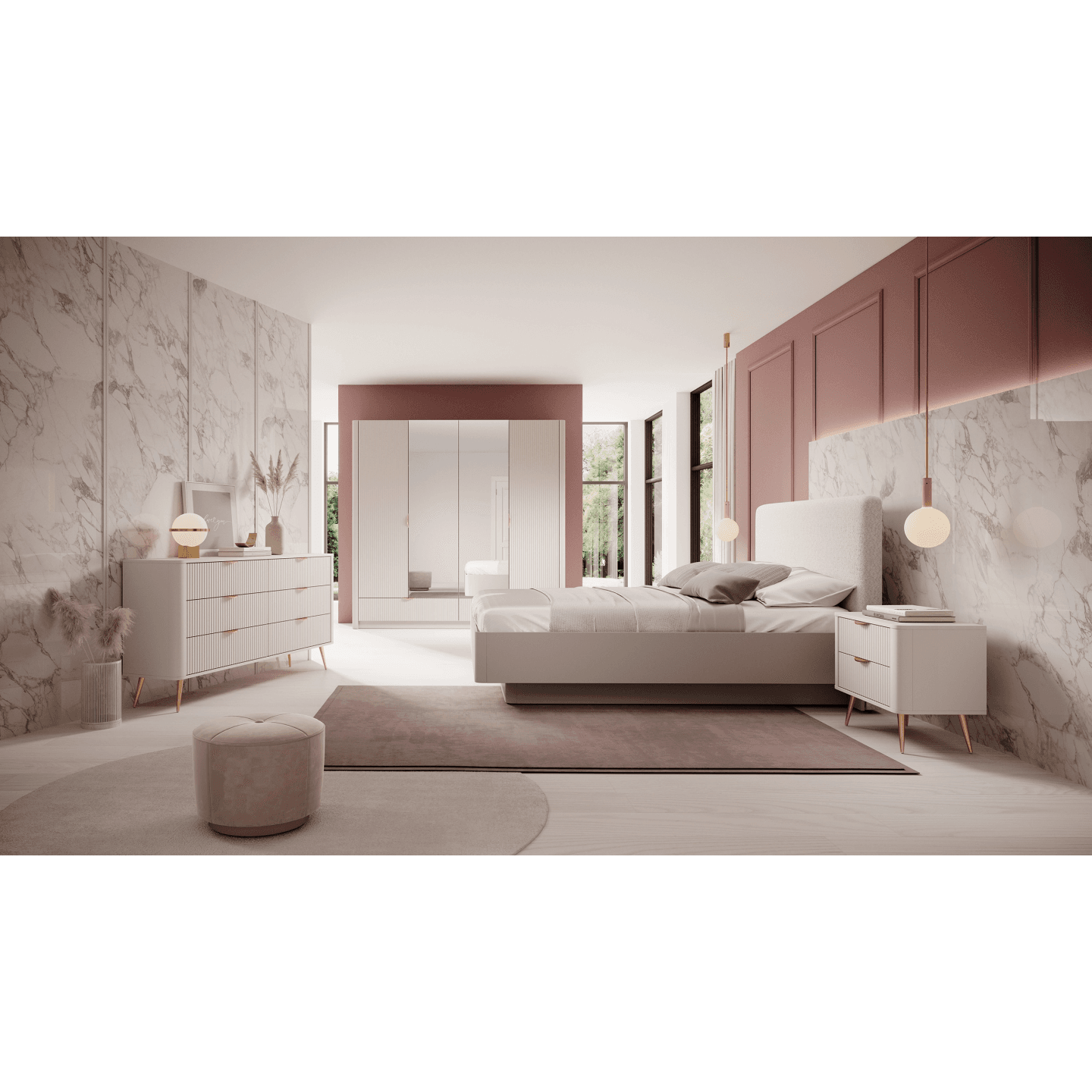 Komoda Verona stylowa beżowa ze złotymi nogami, Ryflowane fronty