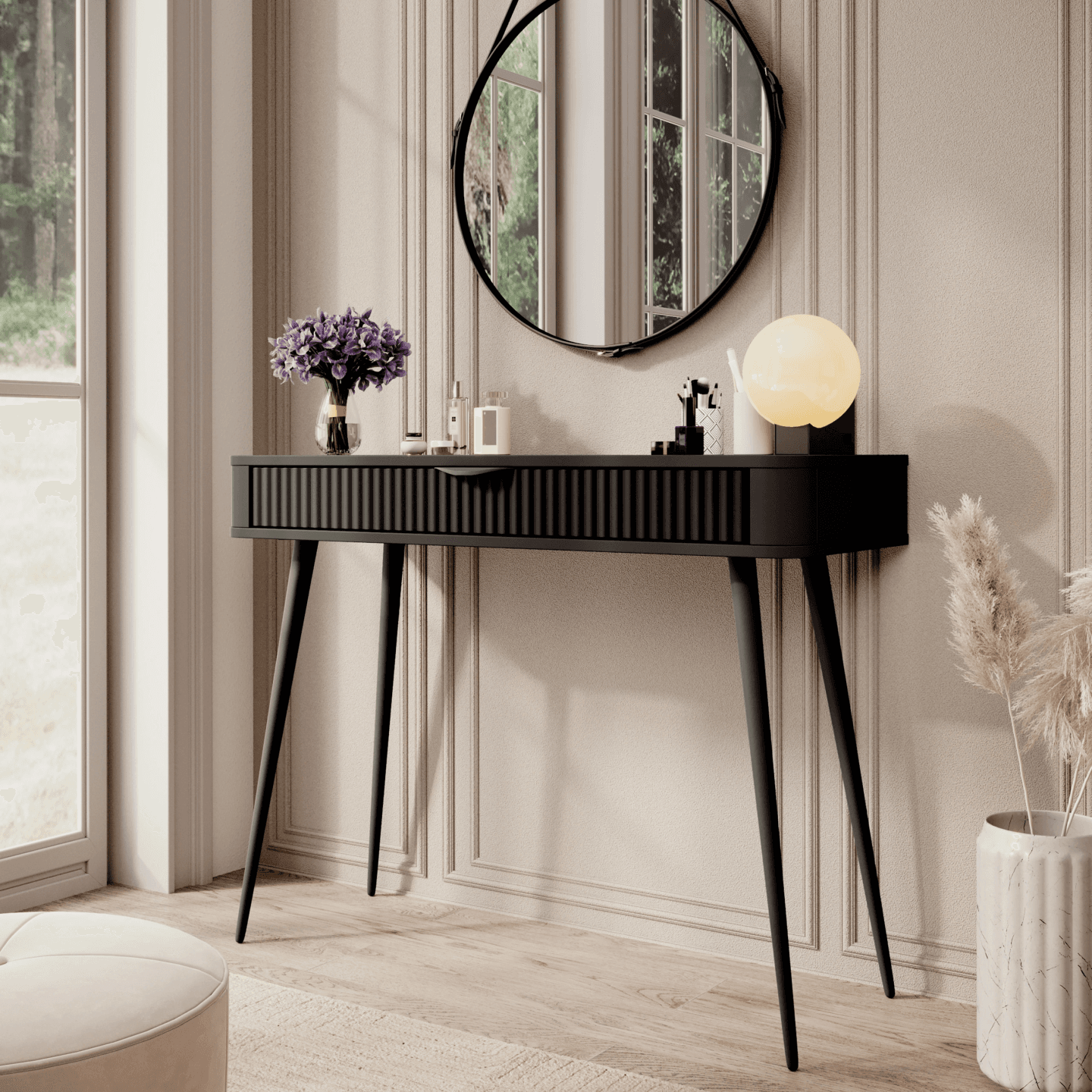 Toaletka do sypialni Verona czarna ryflowana, stylowa