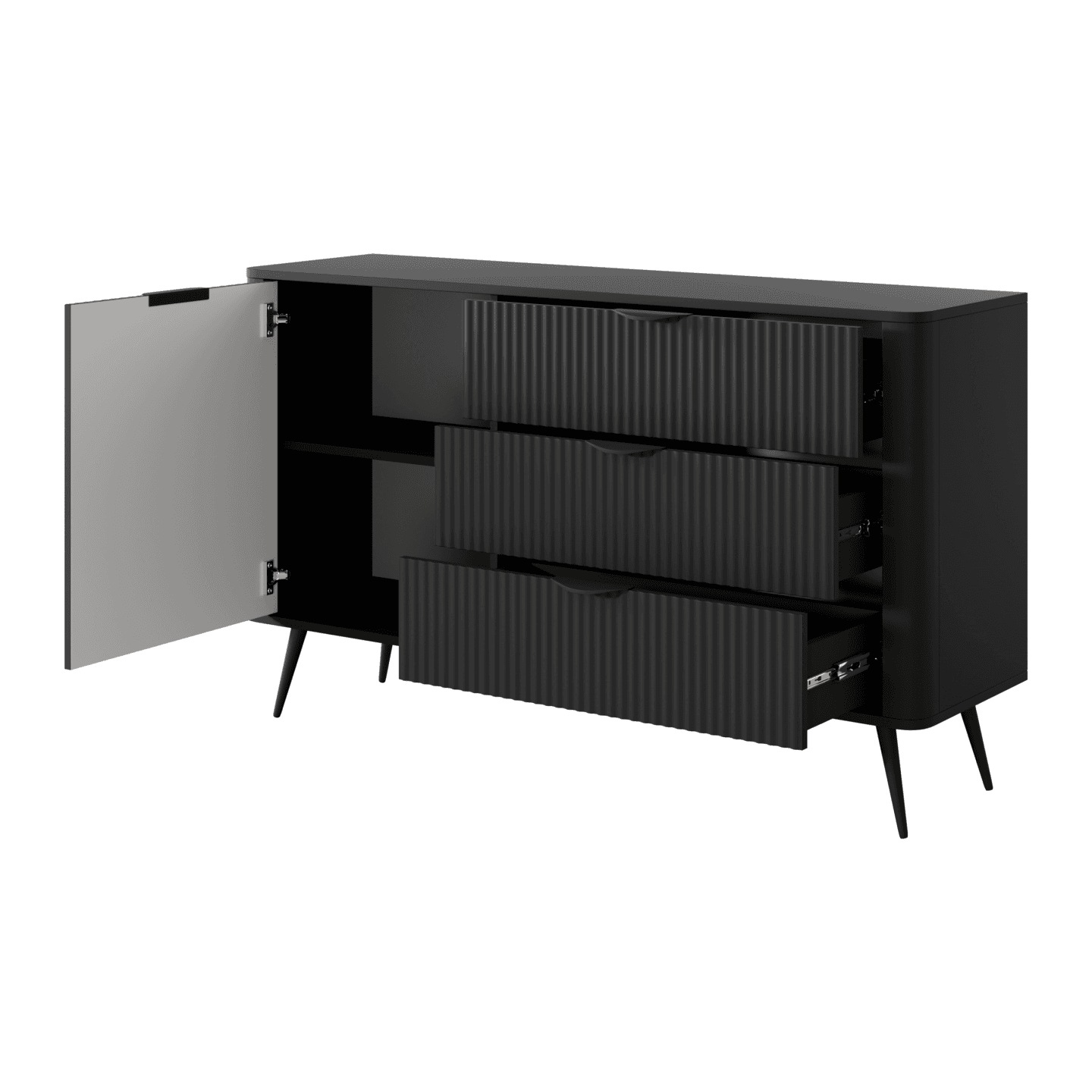 Komoda Verona z szufladami czarna, ryflowana do salonu, sypialni