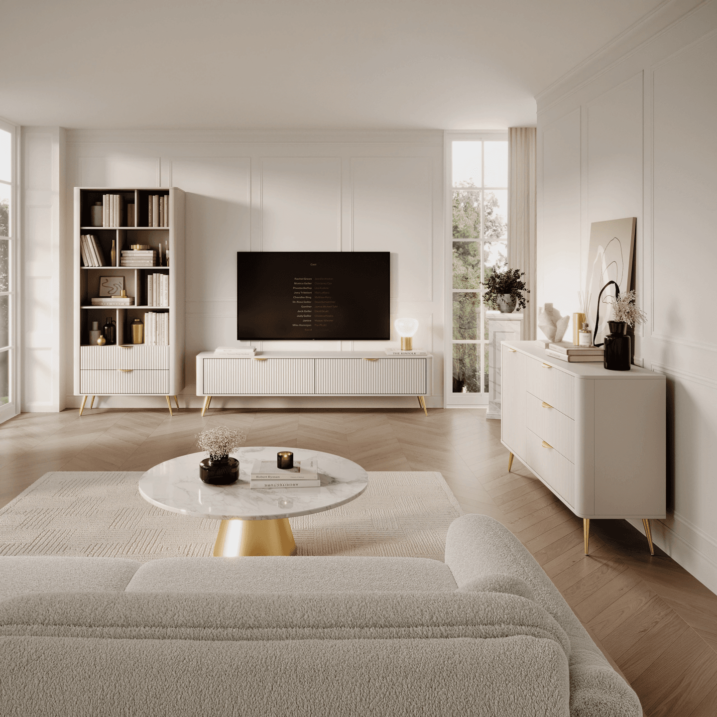 Wysoki Regał Verona Beżowy ze złotymi nogami Ryflowany, Stylowy