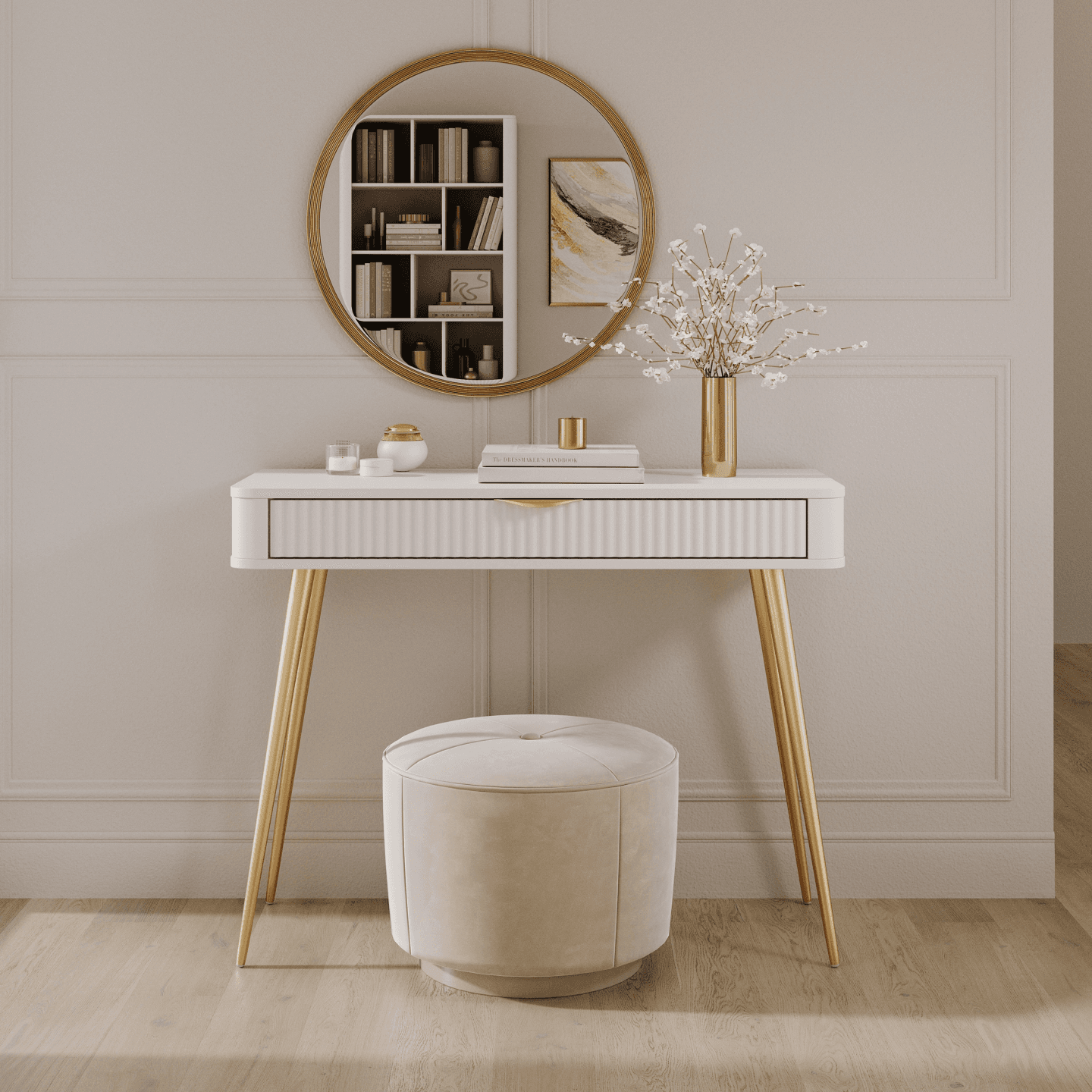 Stylowa Toaletka Verona, biała ze złotymi nogami i szufladą