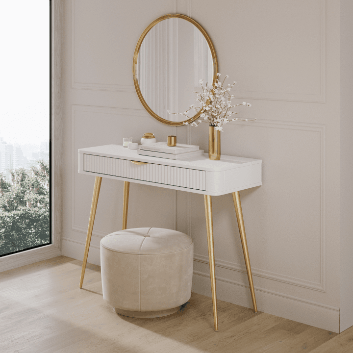 Stylowa Toaletka Verona, biała ze złotymi nogami i szufladą - zdjęcie 2