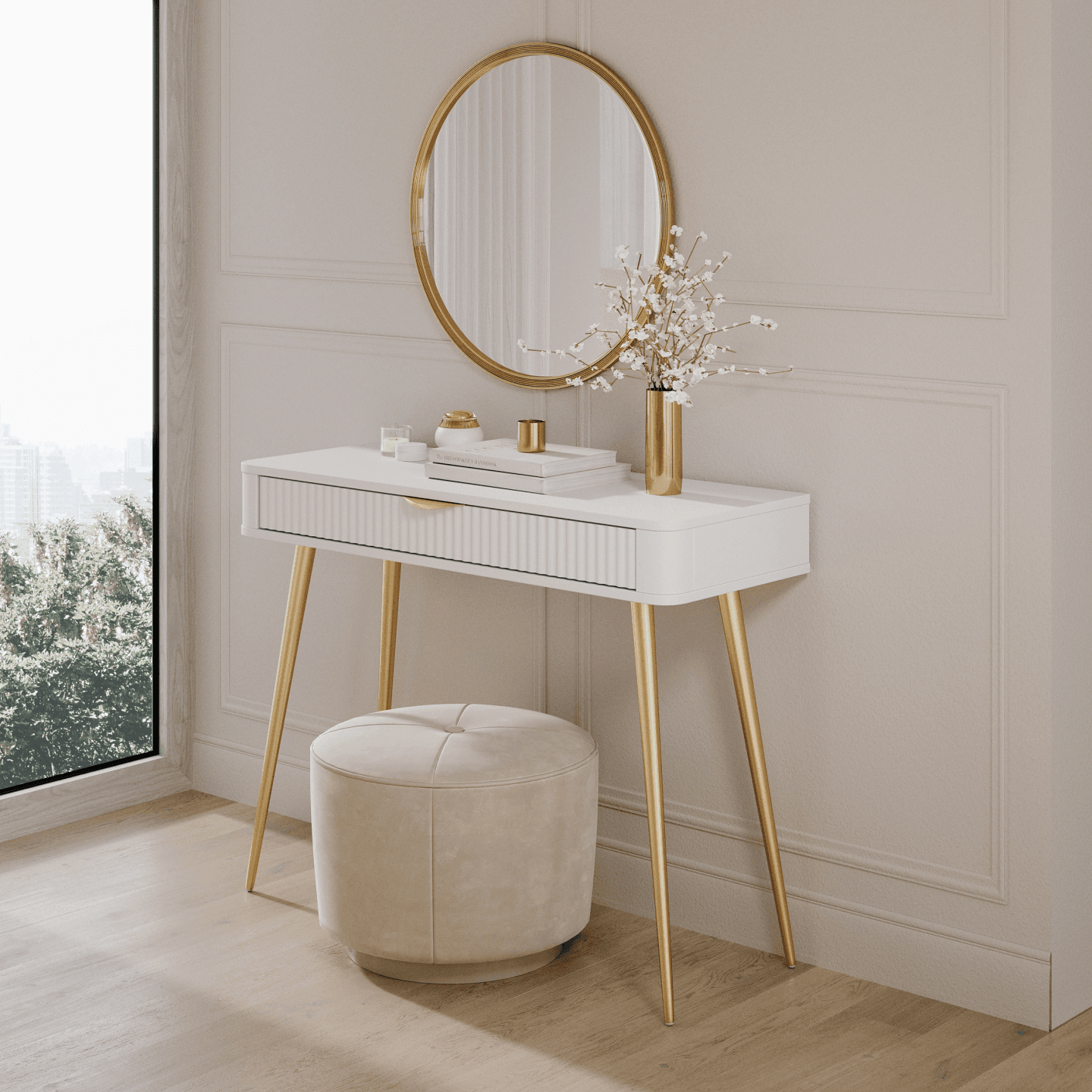 Stylowa Toaletka Verona, biała ze złotymi nogami i szufladą - zdjęcie 2