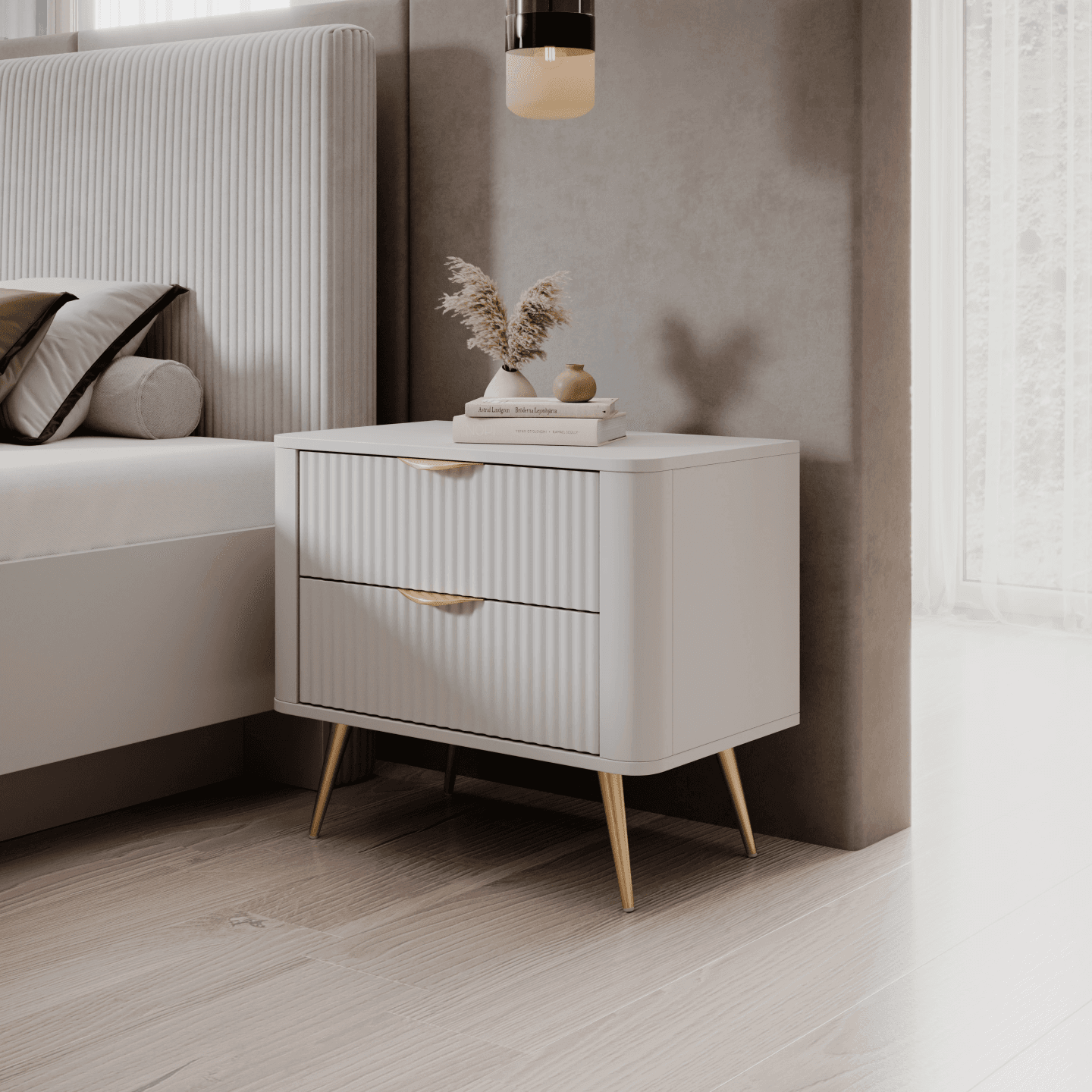 Stolik nocny Biały na złotych nogach Verona, Rylowane fronty, Stylowy