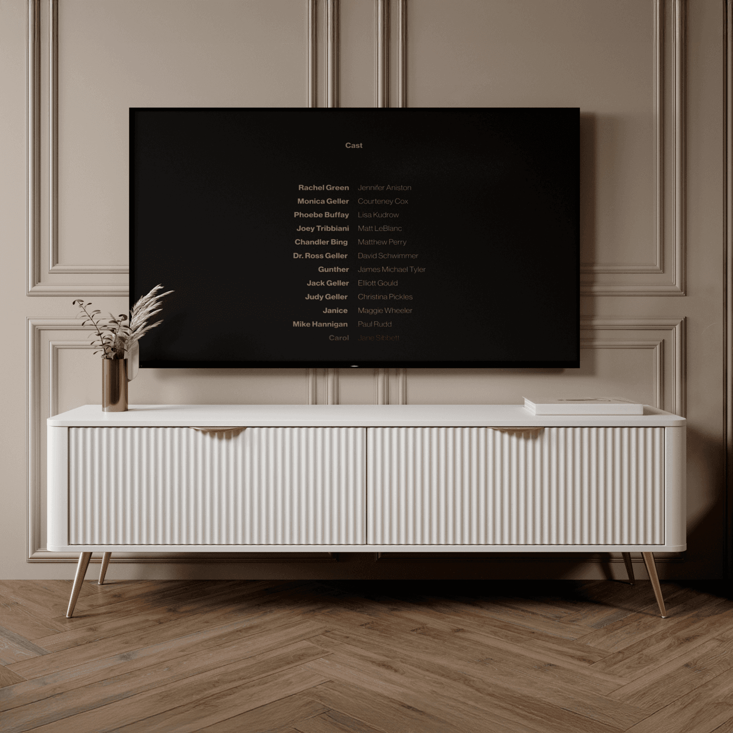 Stylowa Szafka RTV Biała ze złotymi nogami Verona