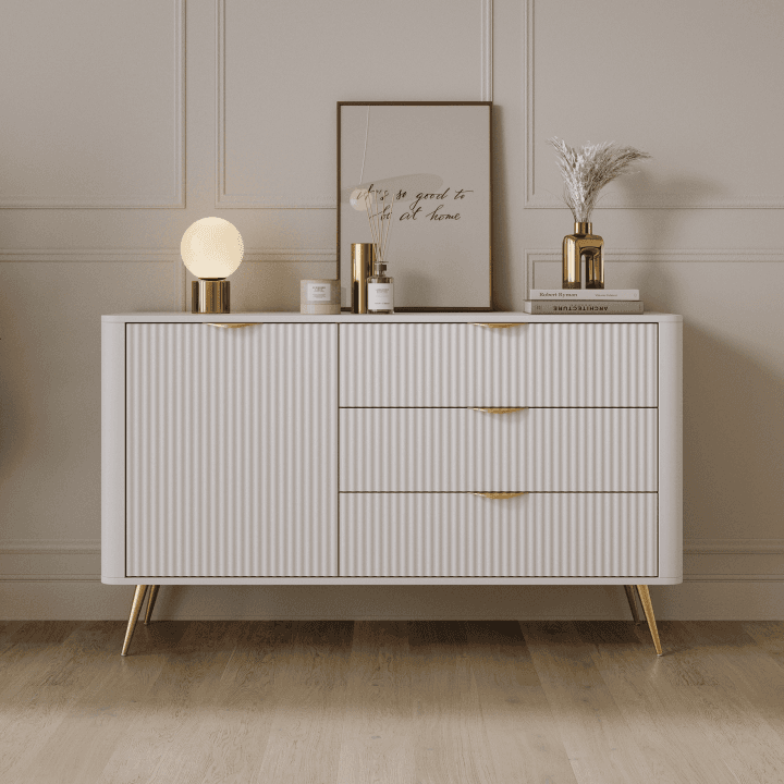Nowoczesna Komoda Verona z szufladami, biała ze złotymi nogami - zdjęcie 2