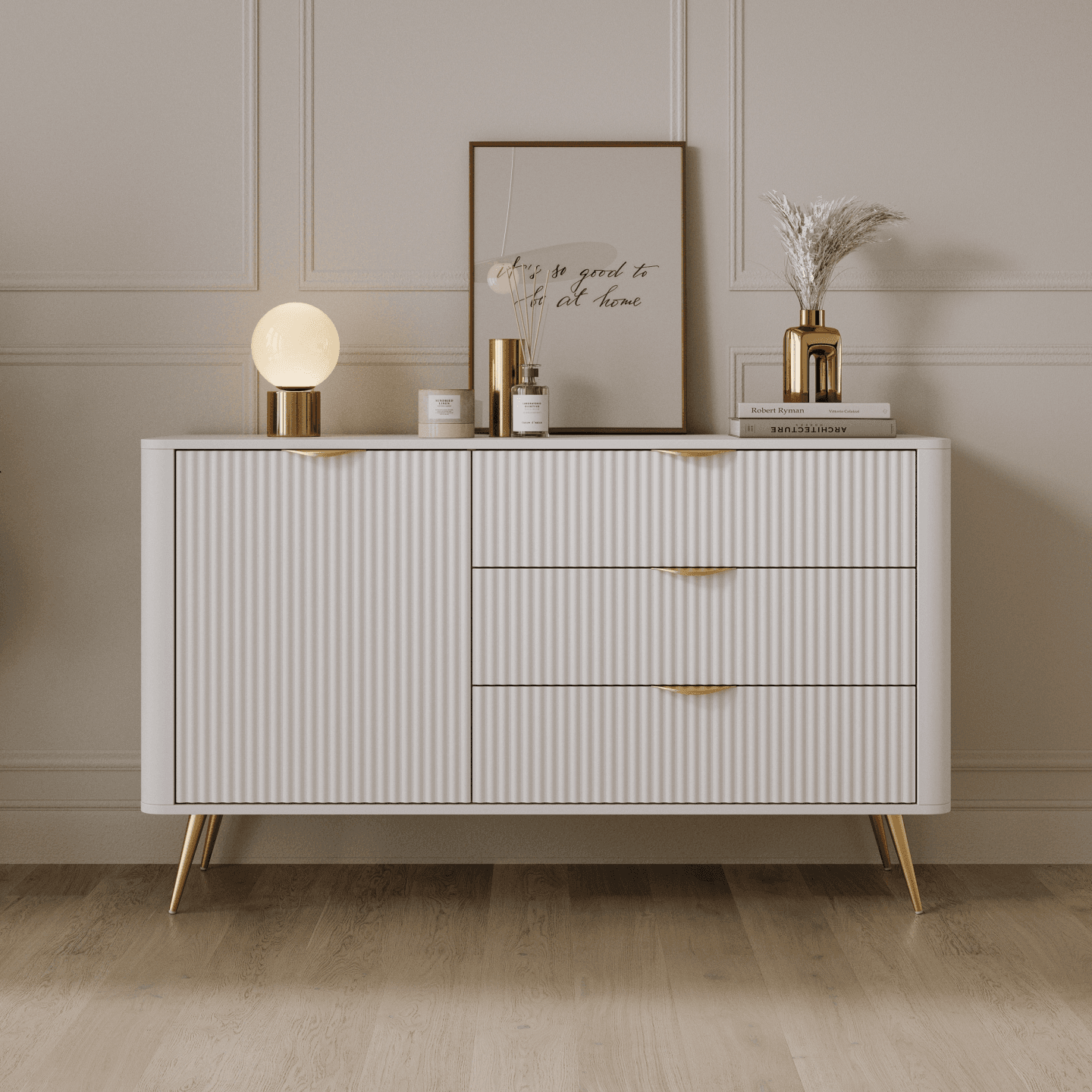 Nowoczesna Komoda Verona z szufladami, biała ze złotymi nogami