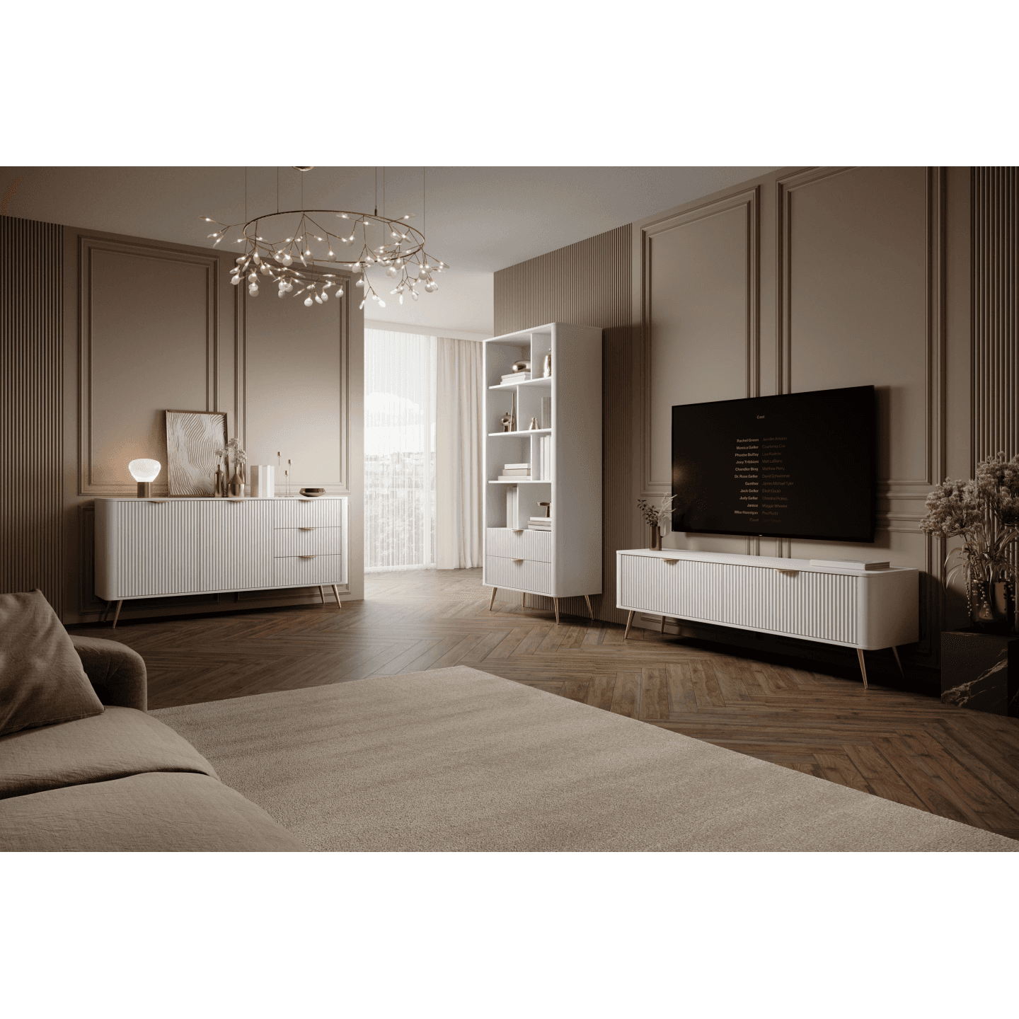 Nowoczesna Komoda Verona z szufladami, biała ze złotymi nogami