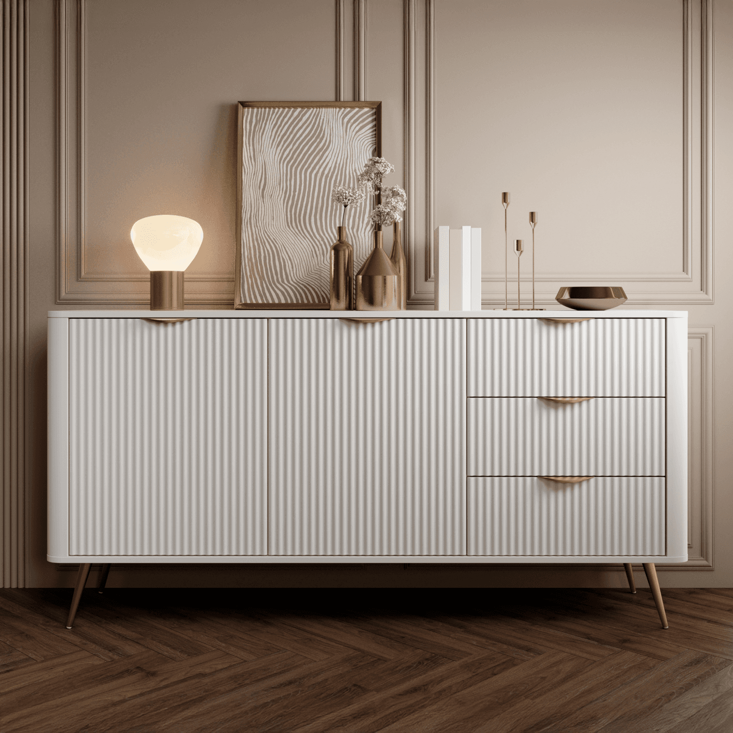 Komoda dwudrzwiowa z szufladami biała ze złotymi nogami Verona