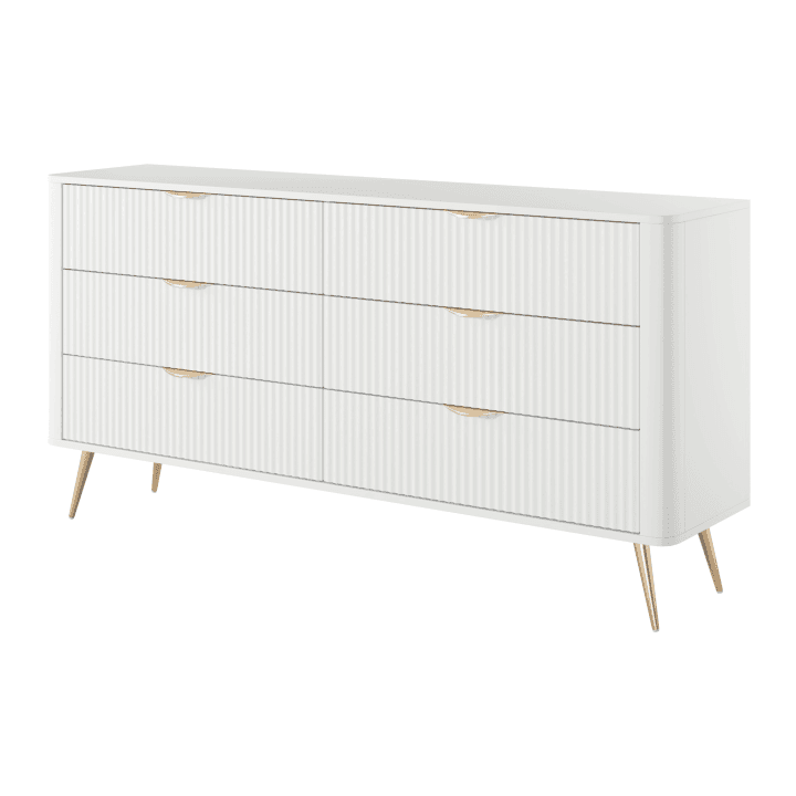 Komoda biała na złotych nóżkach Verona, 6 szuflad idealna do sypialni