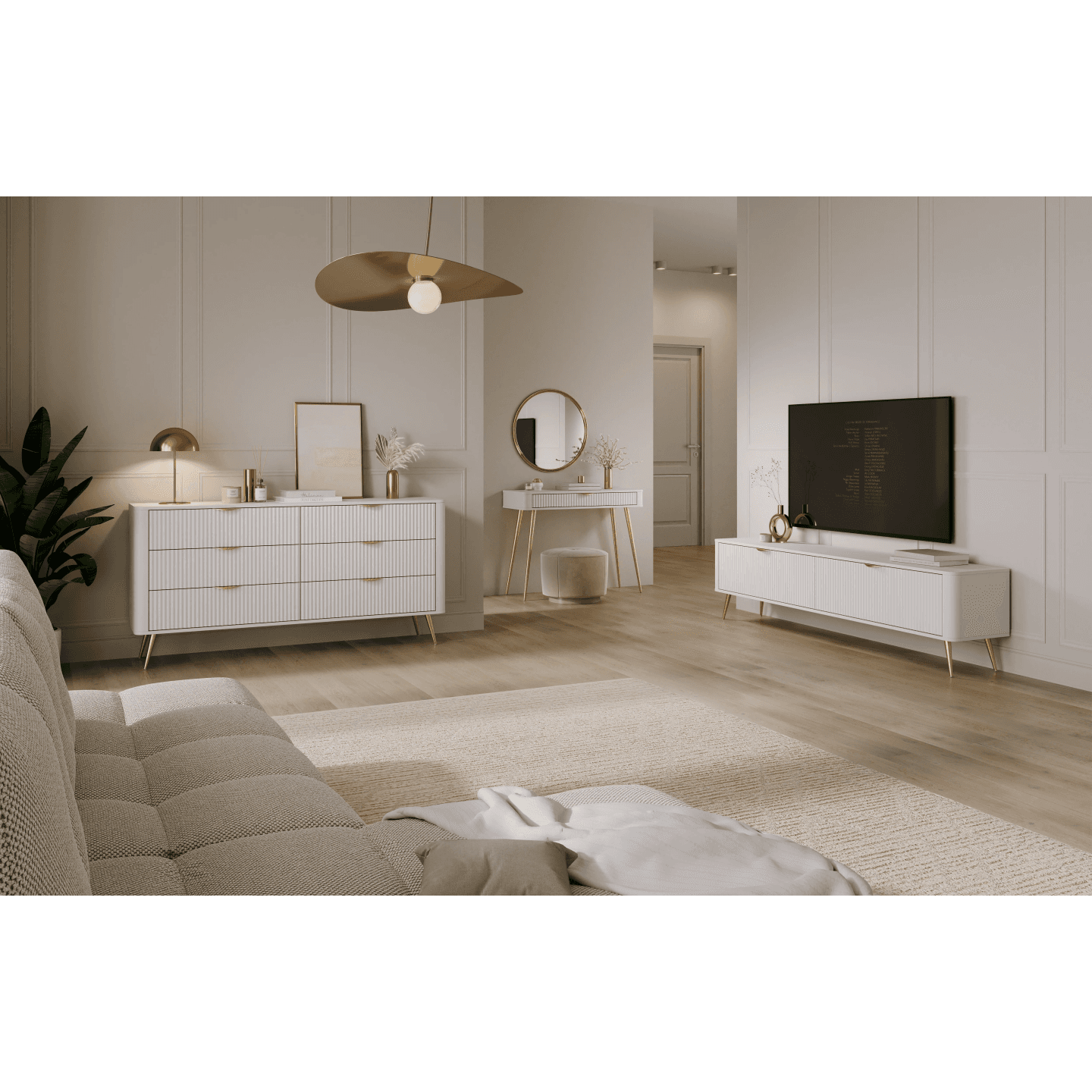 Komoda biała na złotych nóżkach Verona, 6 szuflad idealna do sypialni