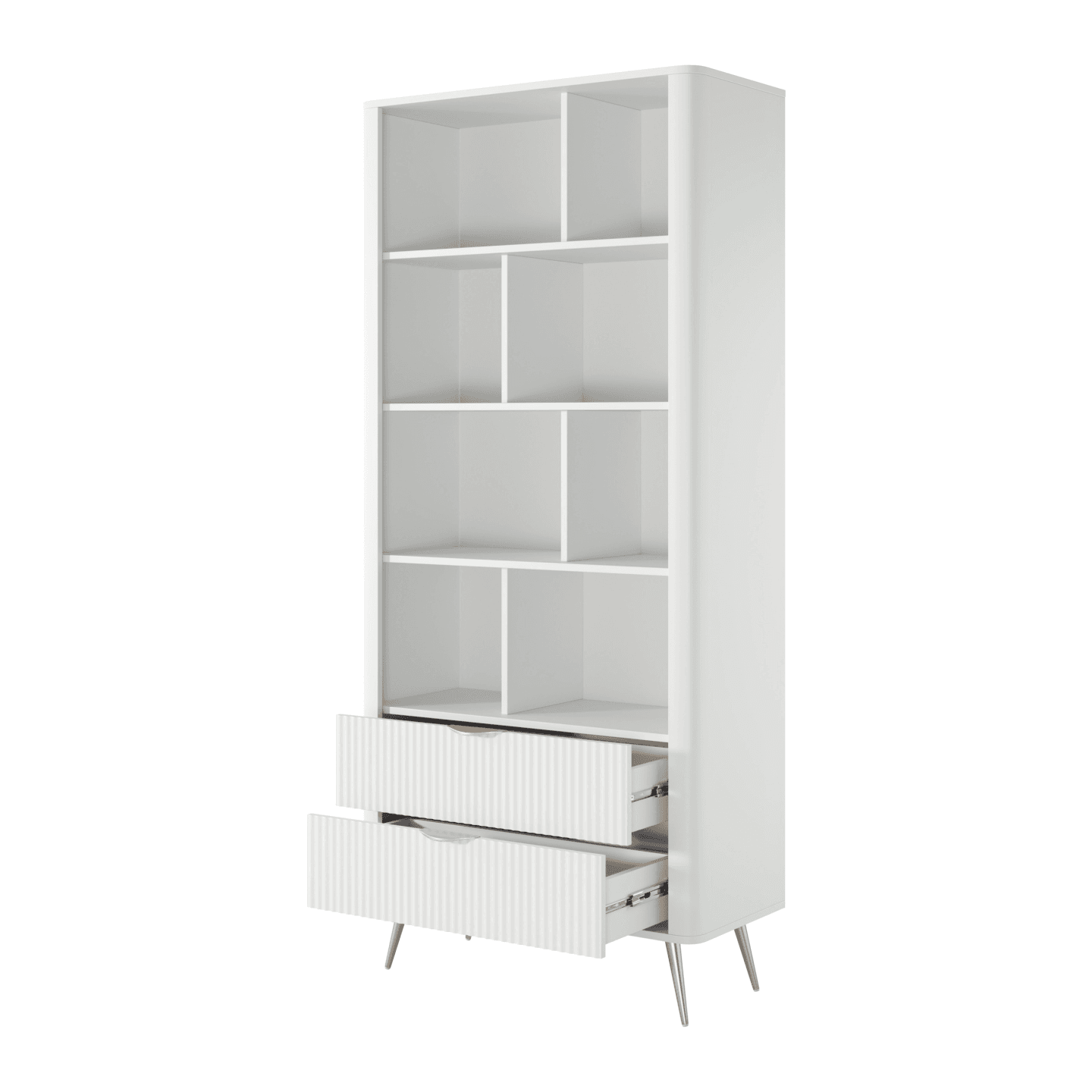 Wysoki Regał Verona biały ryflowany na wysokich złotych nóżkach