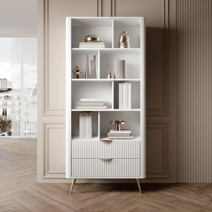 Wysoki Regał Verona biały ryflowany na wysokich złotych nóżkach - zdjęcie 2