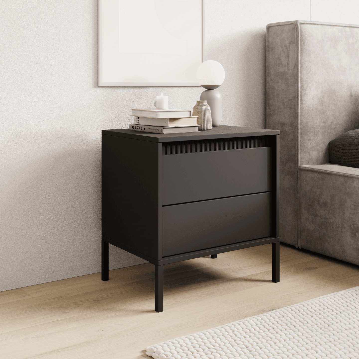 Nowoczesny Stolik nocny czarny Nelio z szufladami 53 cm