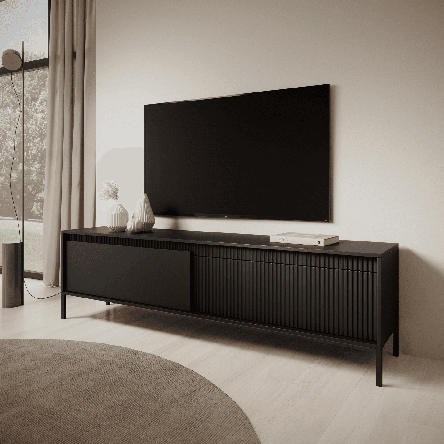 Nowoczesna Szafka RTV czarna Nelio, ryflowane fronty 187 cm - zdjęcie 2