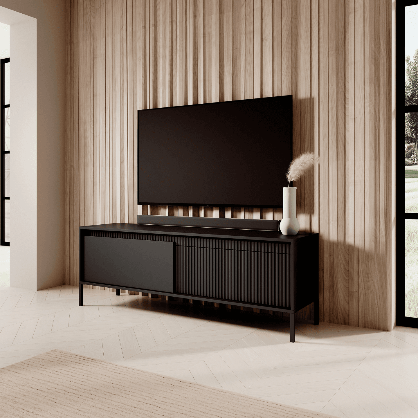 Szafka RTV czarna Nelio do salonu, Ryfle 153 cm - zdjęcie 2