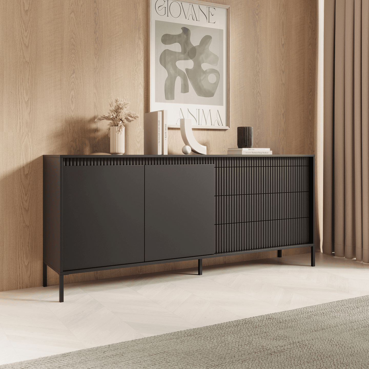 Duża Komoda Nelio czarna do salonu lub sypialni Szuflady, Ryfle - zdjęcie 2