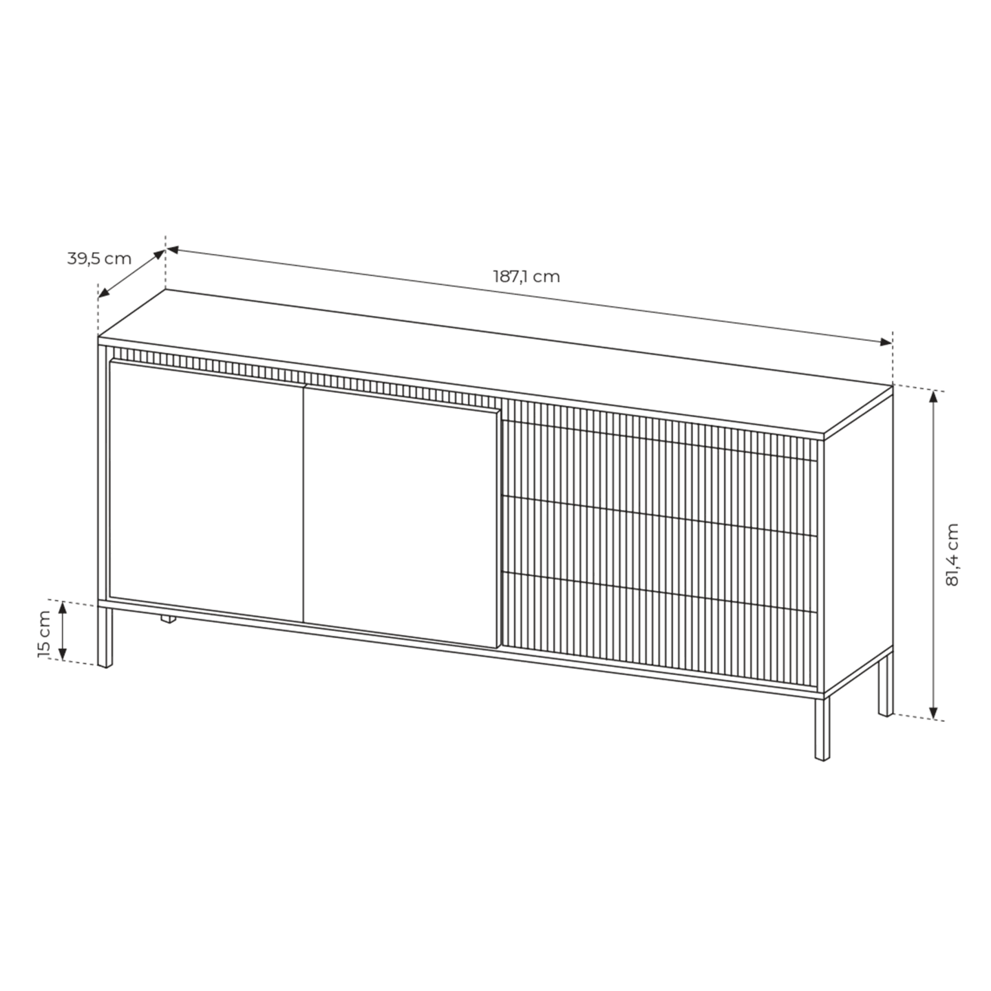 Duża Komoda Nelio czarna do salonu lub sypialni Szuflady, Ryfle