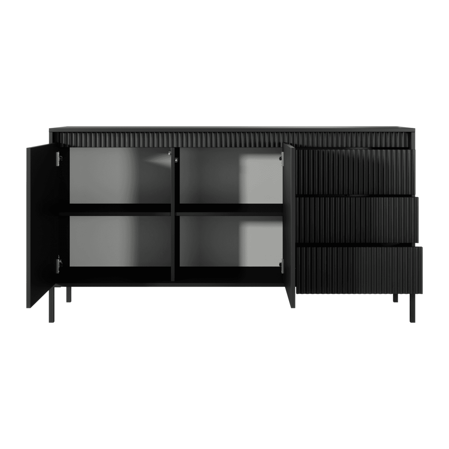 Stylowa Komoda Nelio czarna z szufladami 153 cm, ryflowane fronty