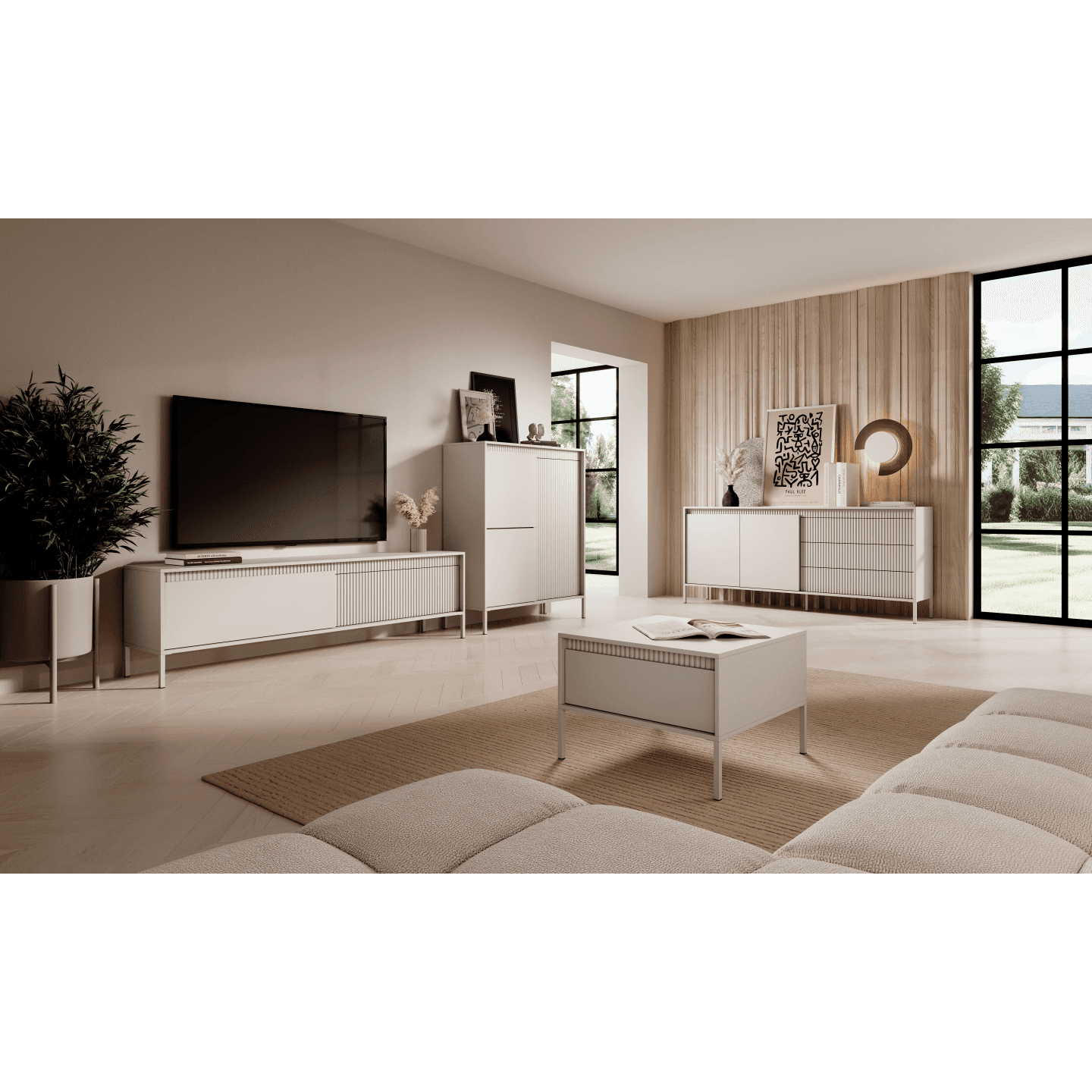 Szeroka Komoda Beżowa z szufladami Nelio, Ryflowane Fronty