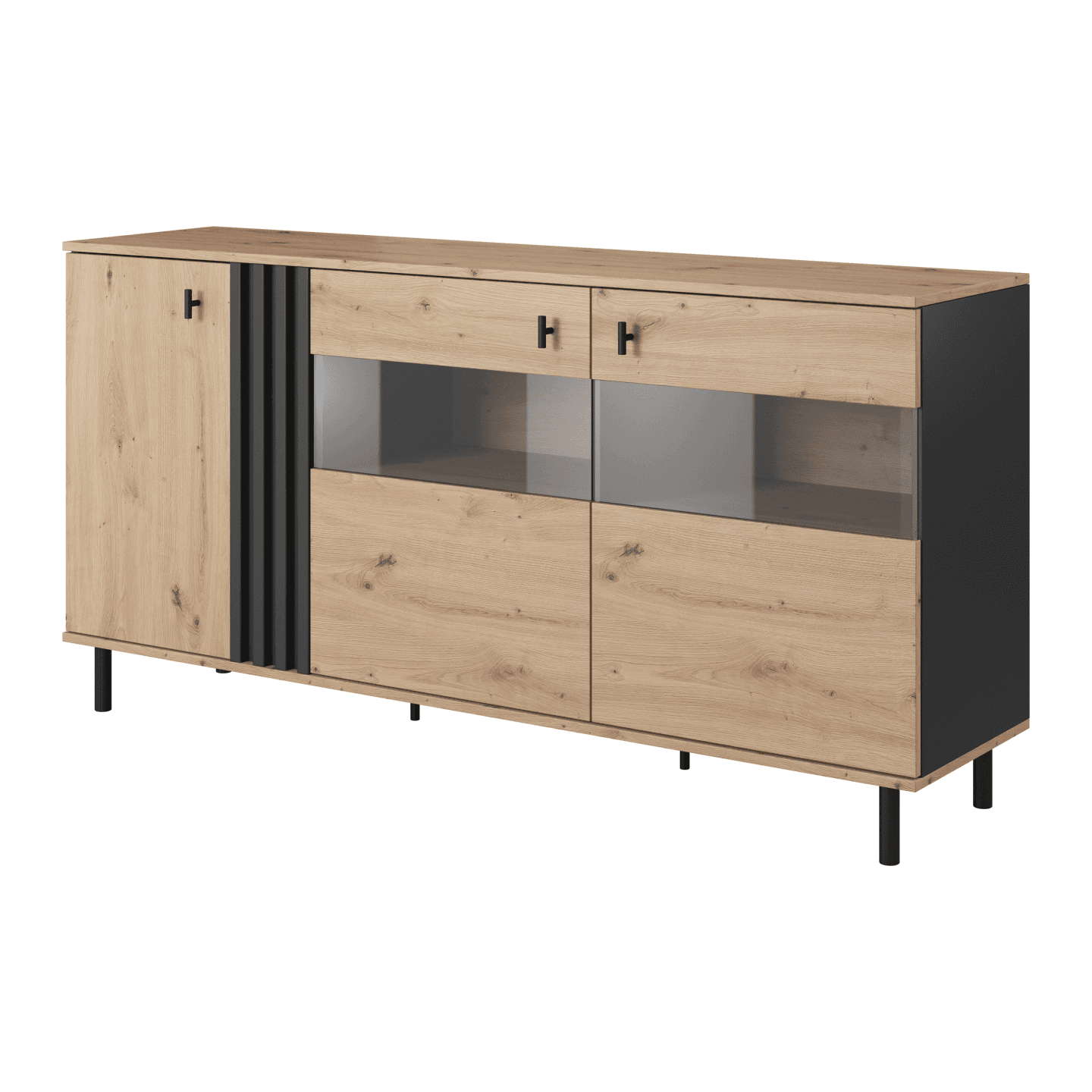 Nowoczesna Komoda Ligno przeszklona LAMELE, Dąb artisan + czarny antracyt