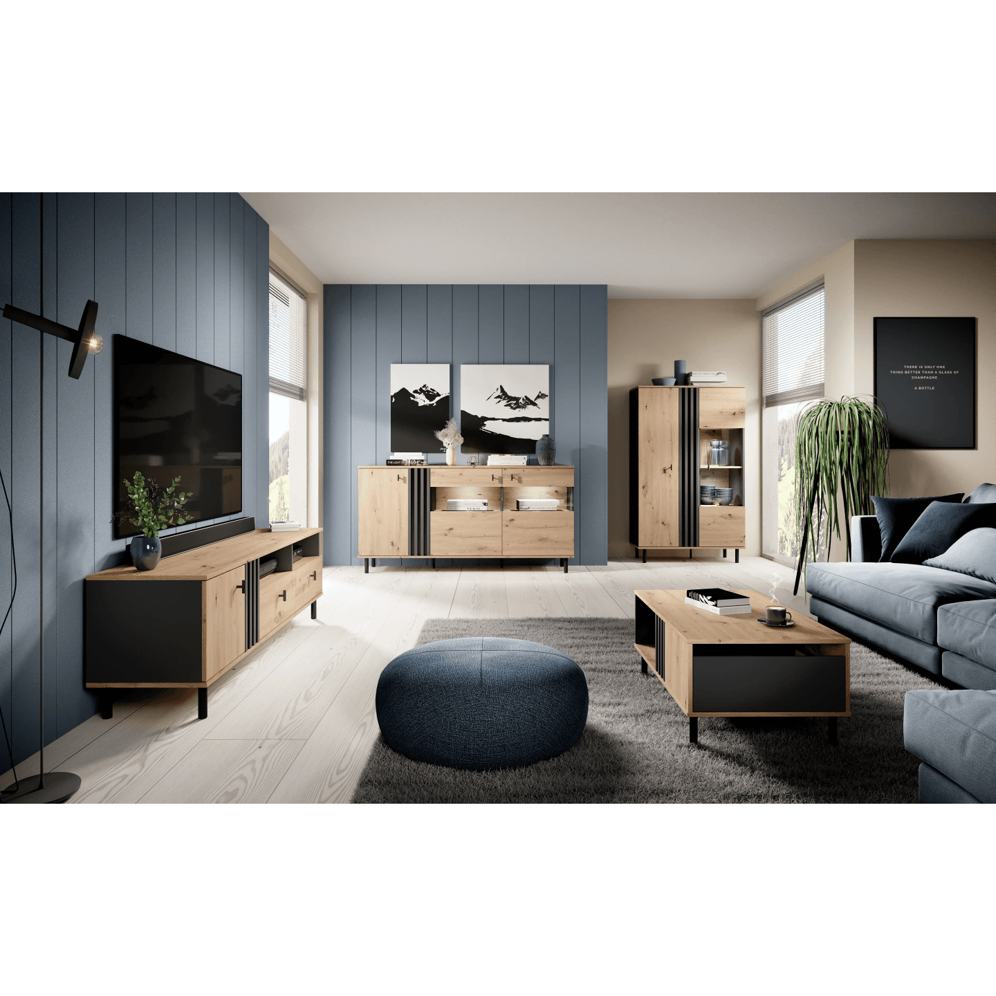 Komoda Ligno z szufladami LAMELE, Dąb artisan + czarny antracyt