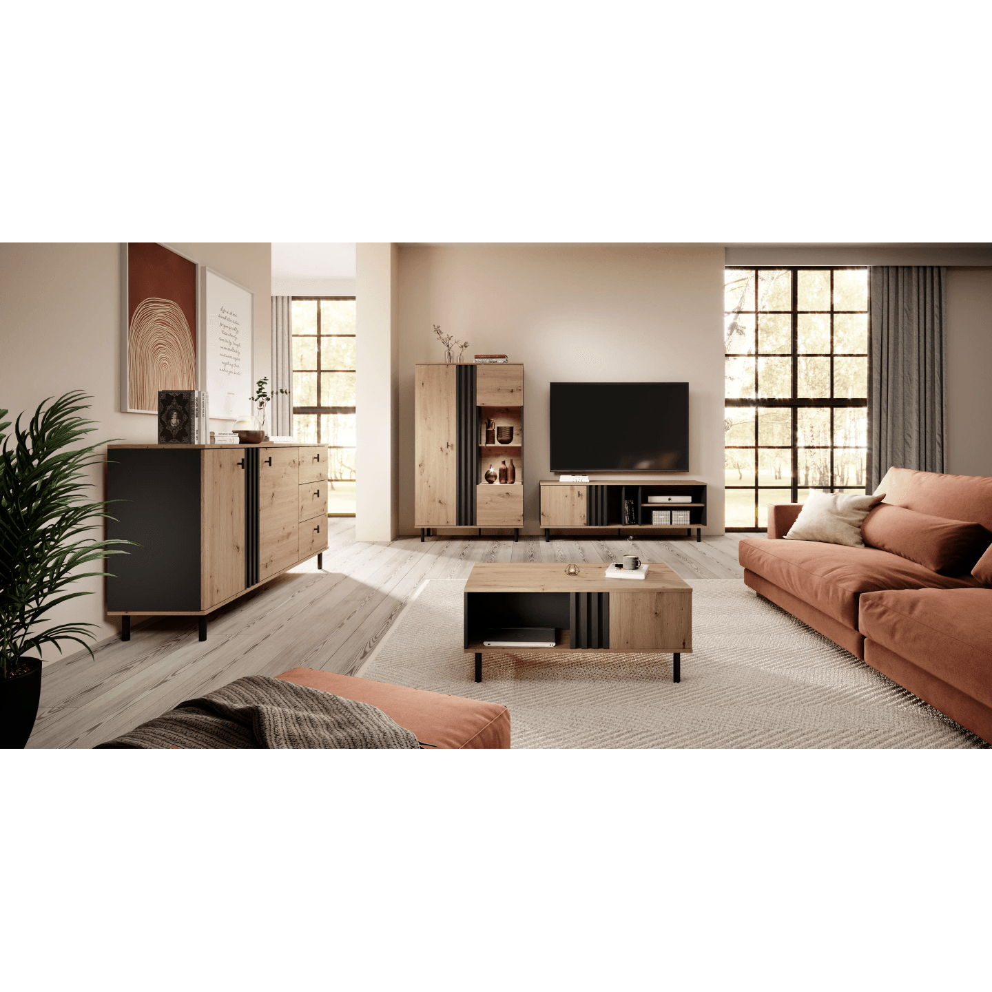 Komoda Ligno z szufladami LAMELE, Dąb artisan + czarny antracyt - zdjęcie 2